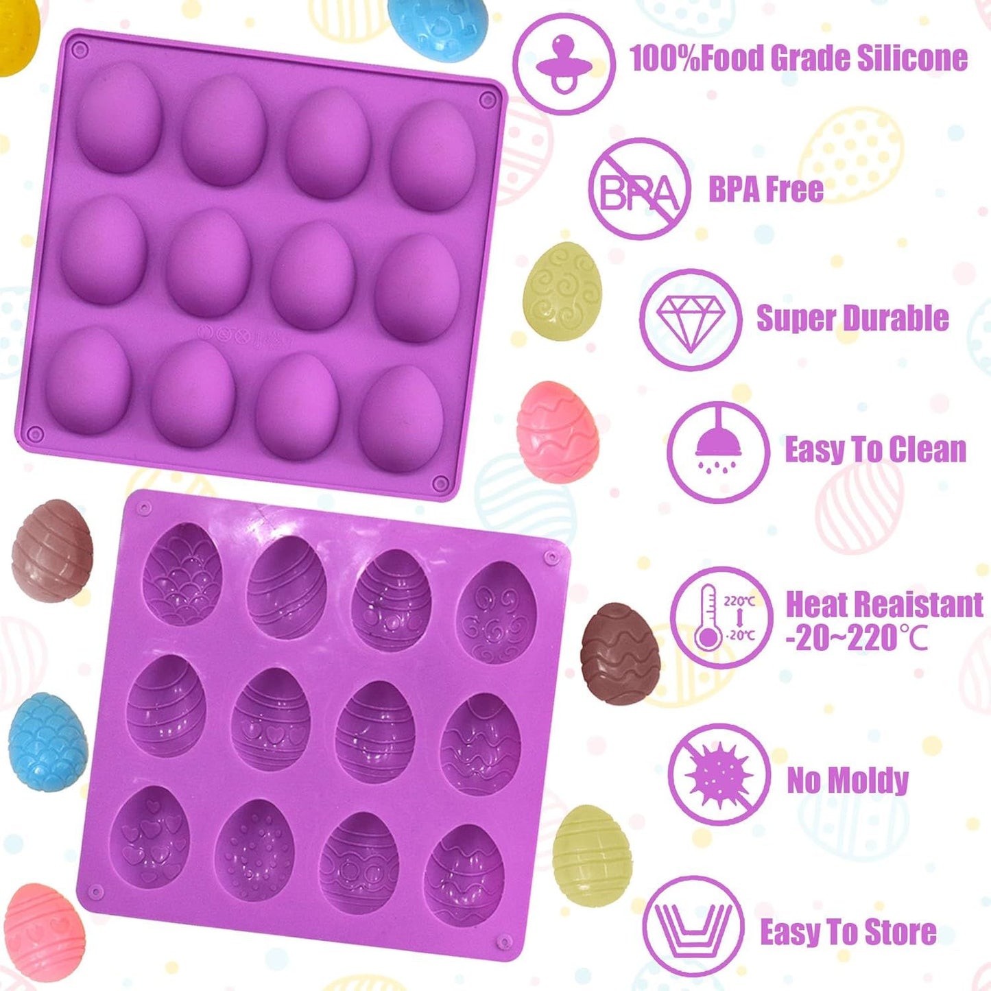 2Pcs Easter Egg Silicone Molds, 8 Cavity Easter Egg Shaped Chocolate Mold, Non-stick Jello Mold Silicone Baking Mold for DIY Cake Decoration,Candy, Pastry, Muffin, Bread, Ice Cube, Soap