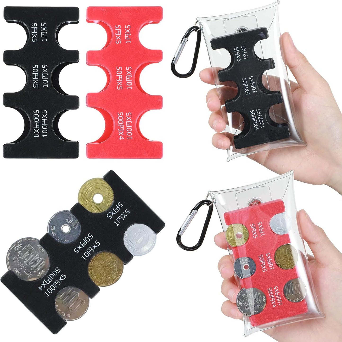 2 Pcs Yen Coin Organizer with PVC Pack, Japanese Coin Organizer, Portable Rectangle Coin Holder for Car, Plastic Coin Sorter Wallet with 6 Slots, Dispenser for Travel (Black, Red)