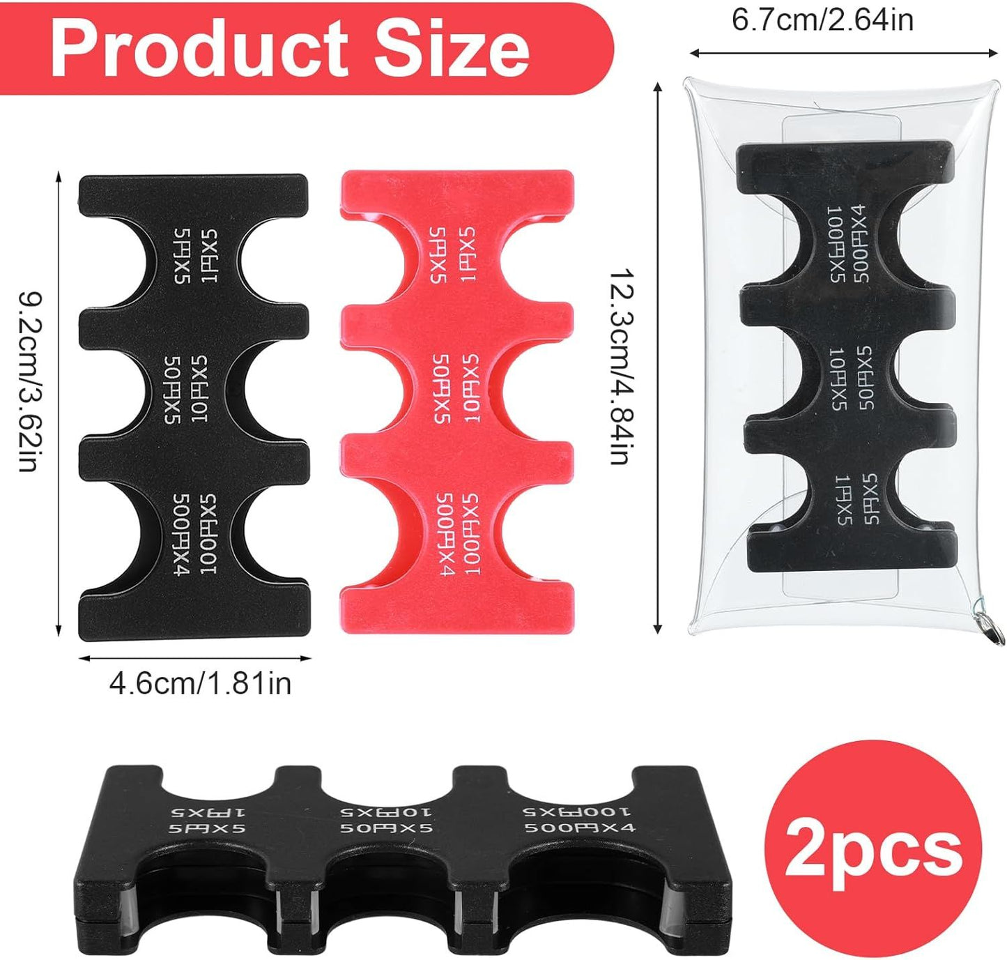 2 Pcs Yen Coin Organizer with PVC Pack, Japanese Coin Organizer, Portable Rectangle Coin Holder for Car, Plastic Coin Sorter Wallet with 6 Slots, Dispenser for Travel (Black, Red)