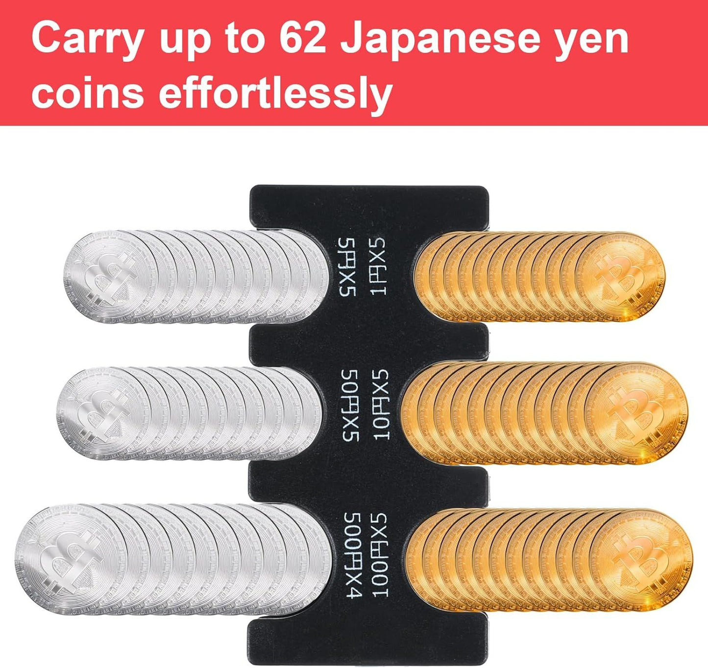 2 Pcs Yen Coin Organizer with PVC Pack, Japanese Coin Organizer, Portable Rectangle Coin Holder for Car, Plastic Coin Sorter Wallet with 6 Slots, Dispenser for Travel (Black, Red)