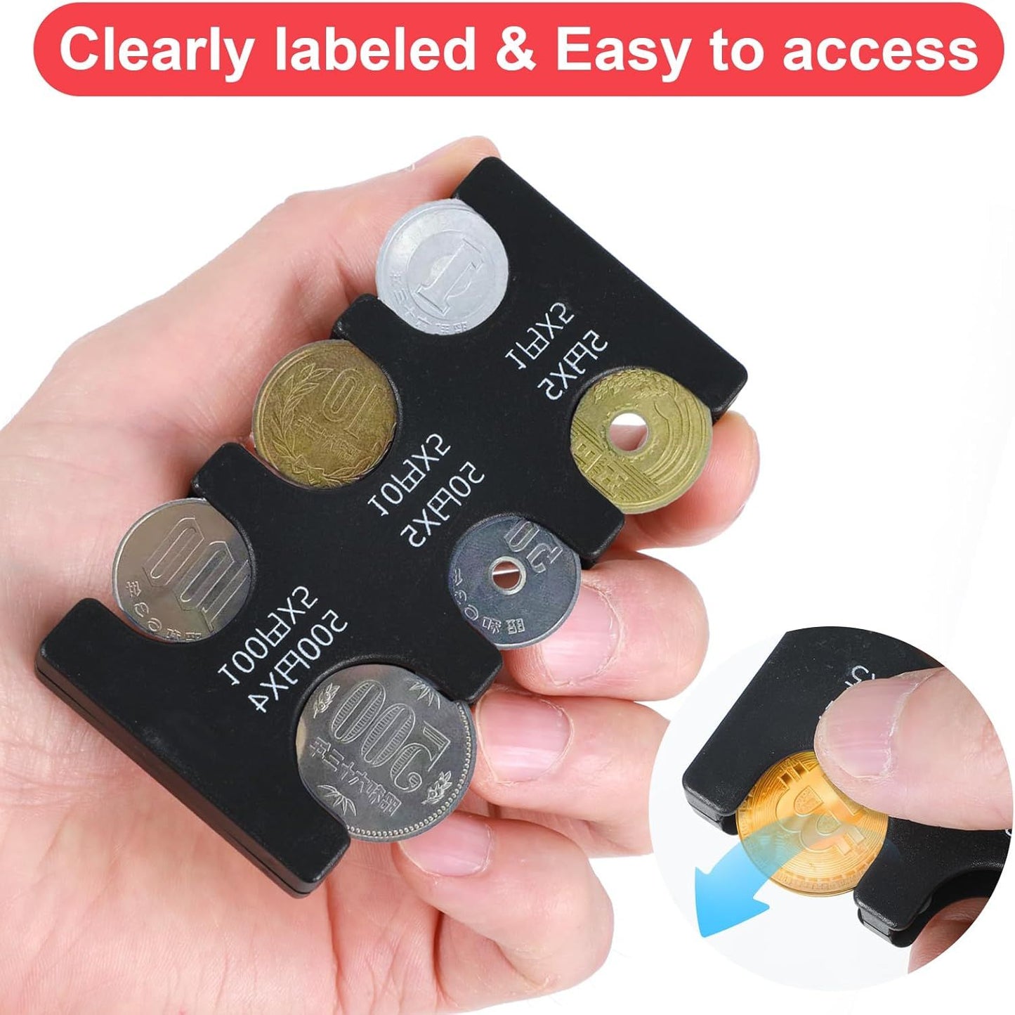 2 Pcs Yen Coin Organizer with PVC Pack, Japanese Coin Organizer, Portable Rectangle Coin Holder for Car, Plastic Coin Sorter Wallet with 6 Slots, Dispenser for Travel (Black, Red)