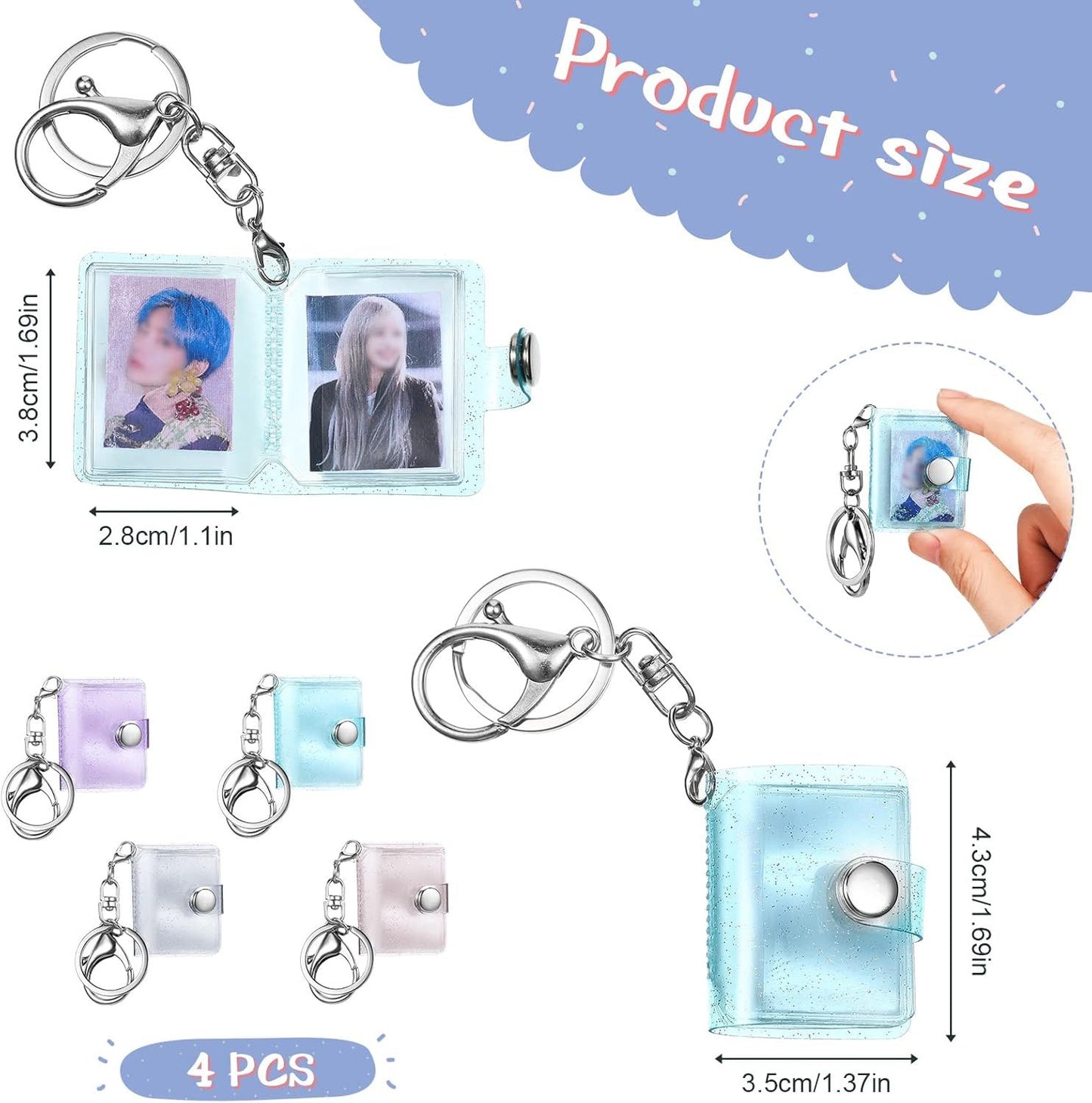 4 Pack 1 Inch Mini Small Photo Album 16 Pockets Photo Storage with Keychain Mini Album Keychain for Picture Card Holder Storage Book Wedding Anniversary Birthday