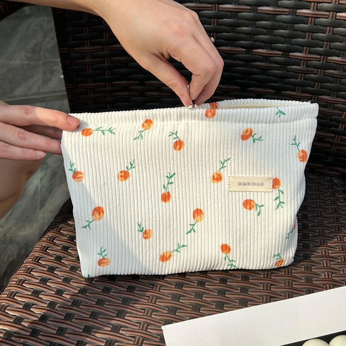 2 Pieces Large Corduroy Cosmetic Bag 10.23INCH Makeup Bag, Cosmetic Bags for Women Cute Large Capacity Make up Bags Travel Toiletry Aesthetic Skincare Brushes Storage Organizer for Women