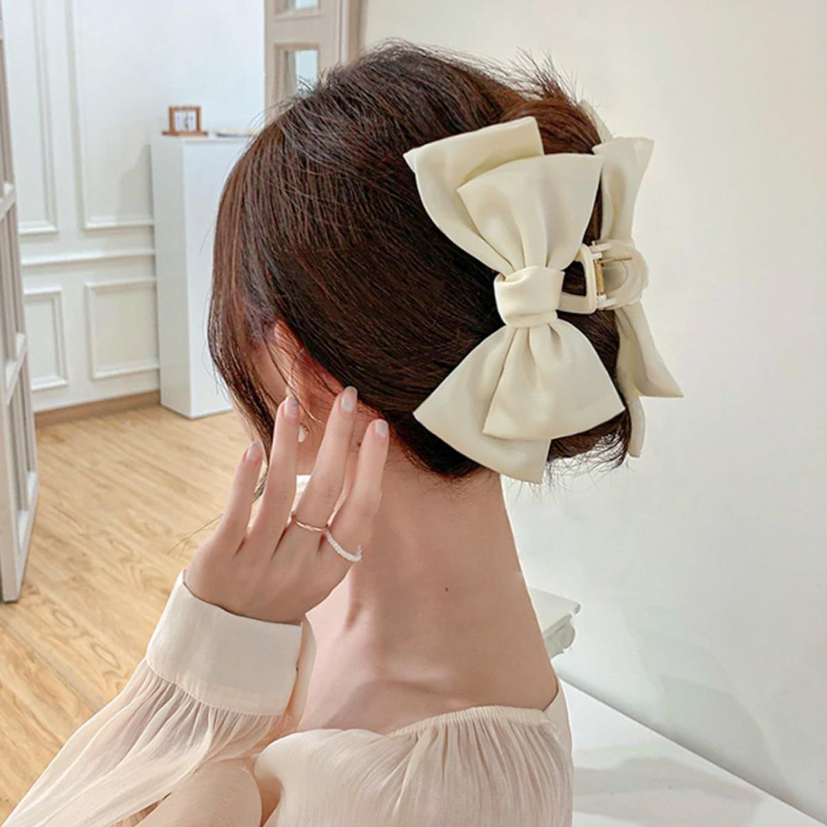 3 PCS Large Bow Hair Claw Clips Satin Bow Claw Clip for Women Girl with Long Thick Hair 5.9 inch Elegant Hair Ribbon Design for all types Big (Black+White+Pink)