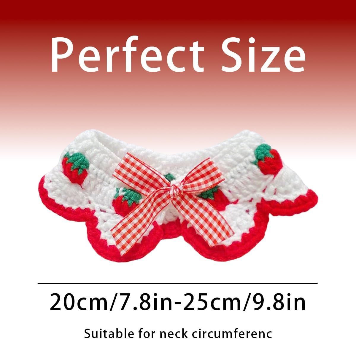 2 Pcs Cat Knitted Collar Cute Strawberry Pattern Scarf Adjustable Kitten Bib Bow with Soft Ruffled Edges Pet Accessories (Red,Medium)