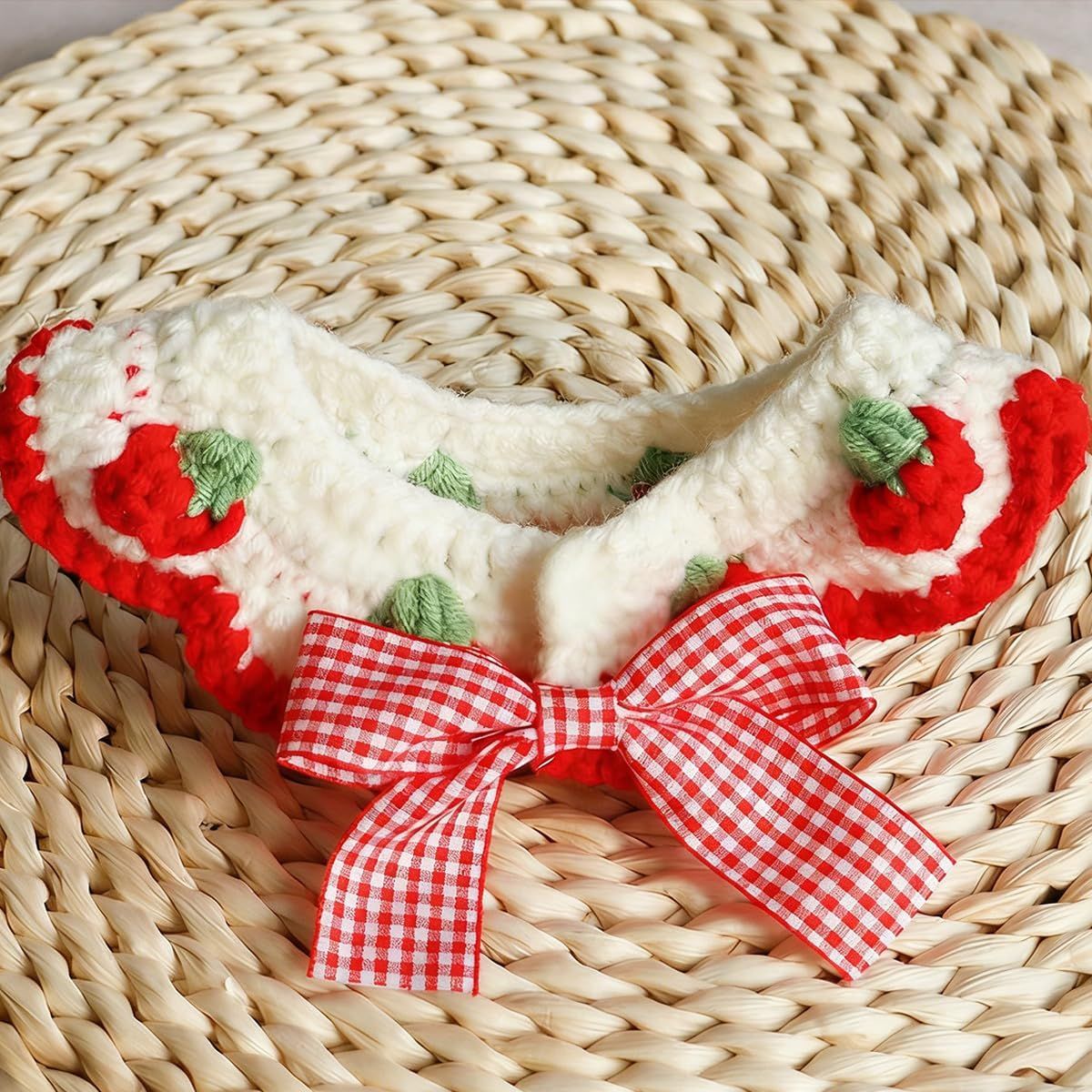 2 Pcs Cat Knitted Collar Cute Strawberry Pattern Scarf Adjustable Kitten Bib Bow with Soft Ruffled Edges Pet Accessories (Red,Medium)