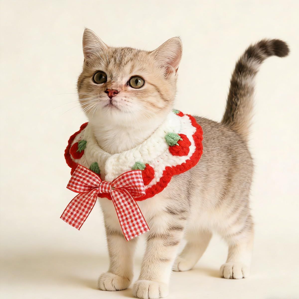 2 Pcs Cat Knitted Collar Cute Strawberry Pattern Scarf Adjustable Kitten Bib Bow with Soft Ruffled Edges Pet Accessories (Red,Medium)