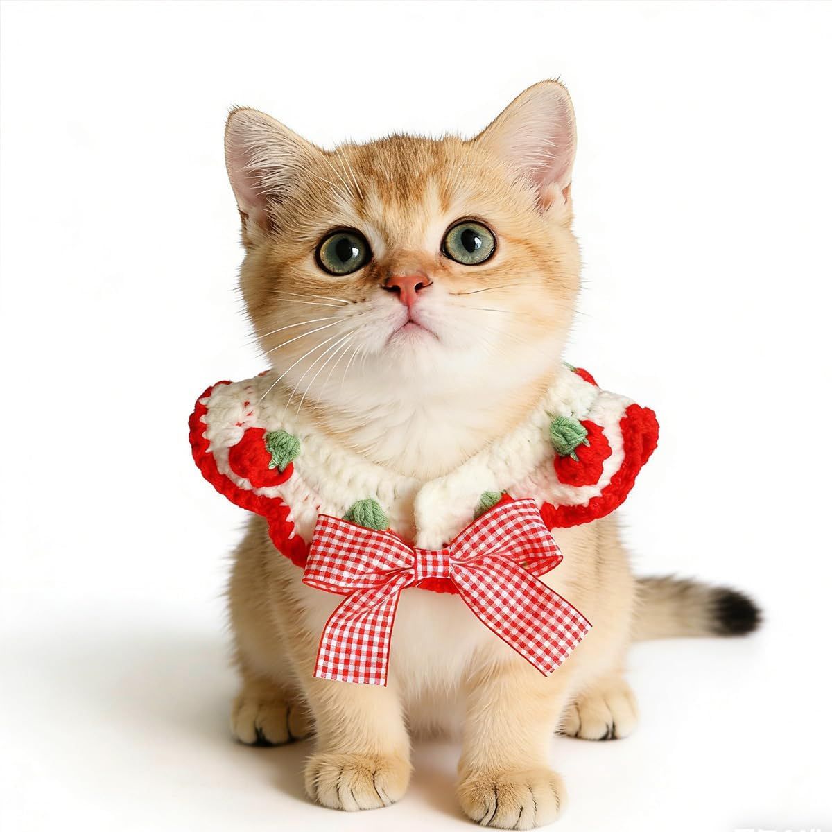 2 Pcs Cat Knitted Collar Cute Strawberry Pattern Scarf Adjustable Kitten Bib Bow with Soft Ruffled Edges Pet Accessories (Red,Medium)