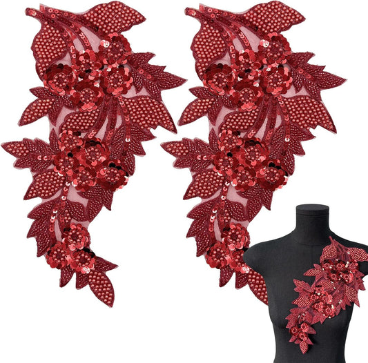 2 PCS Large 3D Beaded Embroidery Sequin Lace Applique Pearl Lace Applique Patches for Clothes, DIY Patches Accessory for Wedding Dresses，Neckline Bodice Pants DIY Crafts