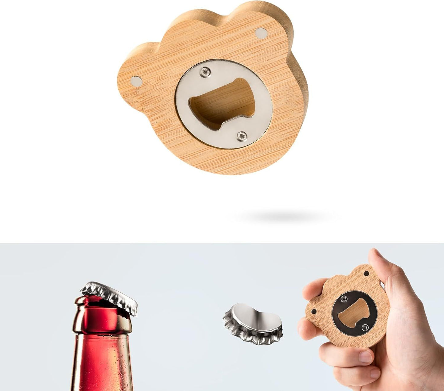 Bottle Opener Magnetic – Bamboo Beer Bottle Opener with Strong Magnet for Fridge, Claw-shaped Stainless Steel Bottle Cap Opener, Beer Opener Gift, Modern Beer Can Opener for Kitchen & Bar Use