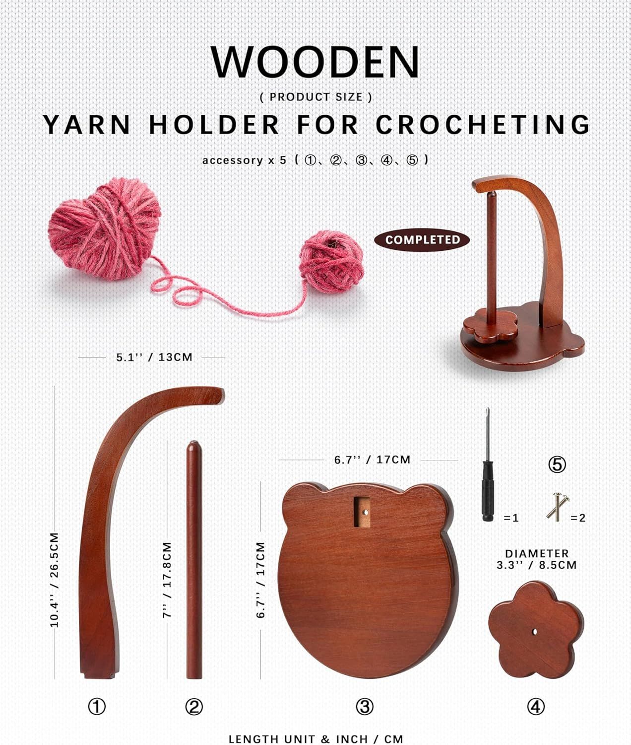Magnetic Yarn Holder for Crocheting with Bear Shape– 360° Spinning Spindle for Tangle-Free Yarn Ball Holder Spinner, Solid Wood Construction, Ideal for Knitting & Crochet Projects
