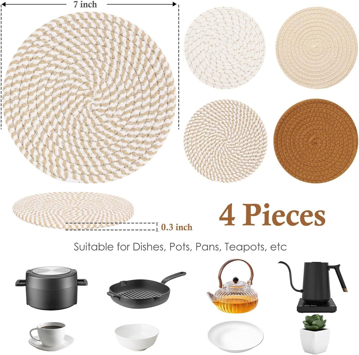 7" Trivets for Hot Dishes, Hot pots and Pans, 4 Heat Resistant Hot Pads, Pot Holders for Kitchen, Home Essentials for New Home and Farmhouse Decor, Fall Decorations for Home(Brown)