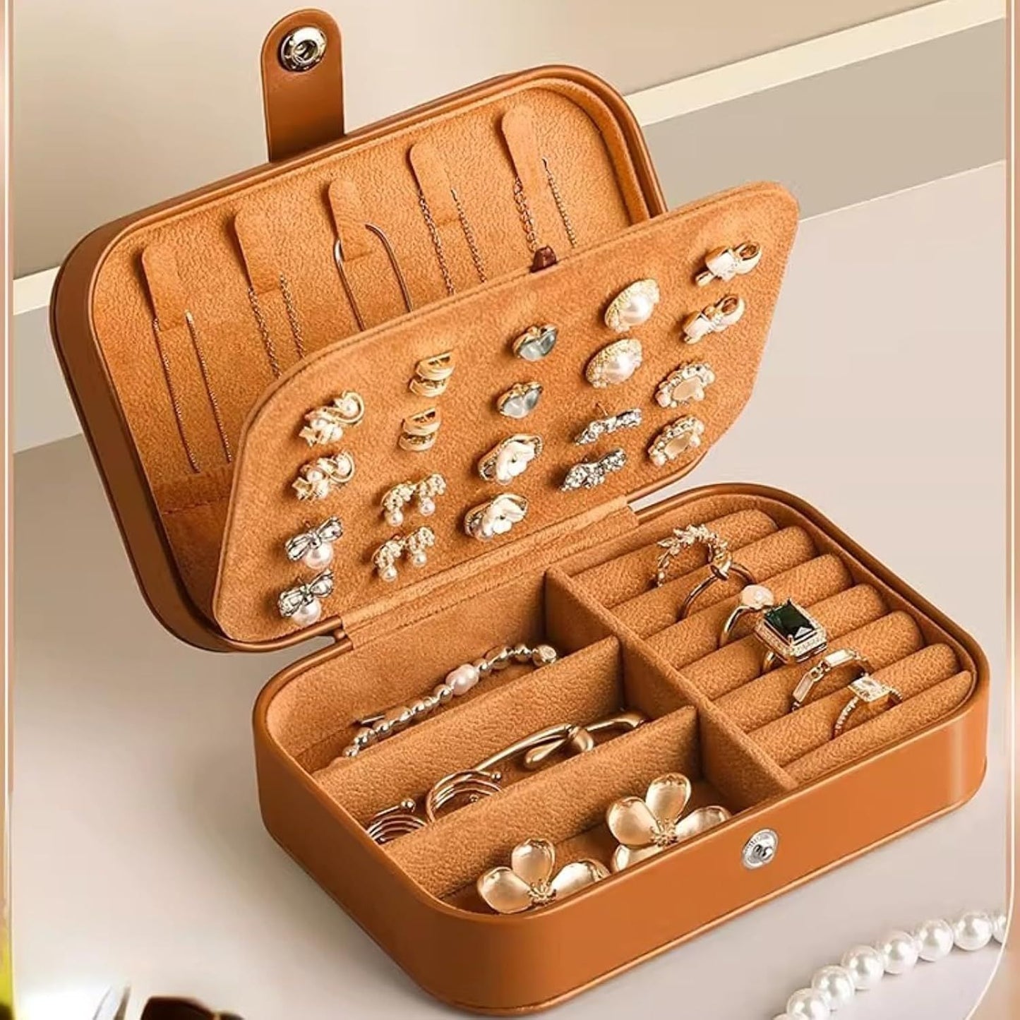 Travel Jewelry Box with 3 Layers for Earrings Studs Rings Necklaces, Portable Compact Jewelry Organizer Storage Case (Brown)