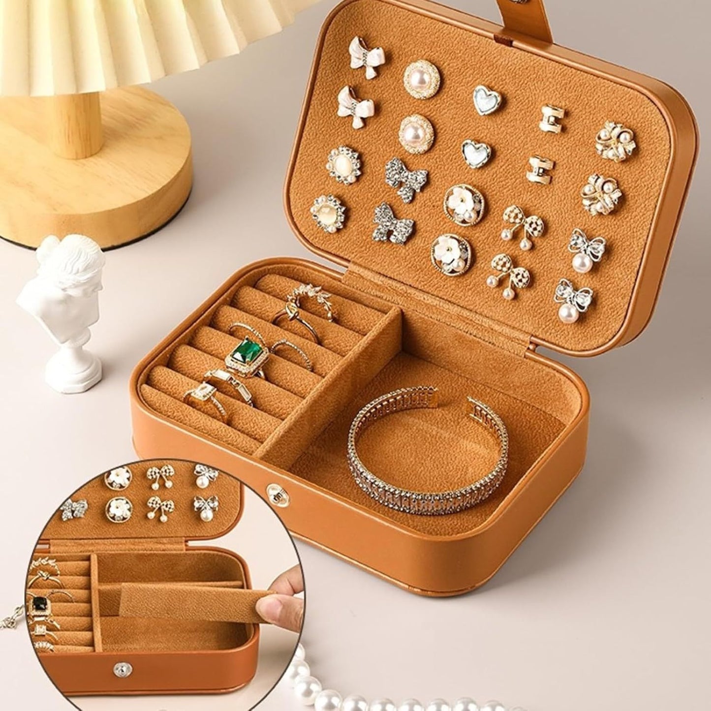 Travel Jewelry Box with 3 Layers for Earrings Studs Rings Necklaces, Portable Compact Jewelry Organizer Storage Case (Brown)