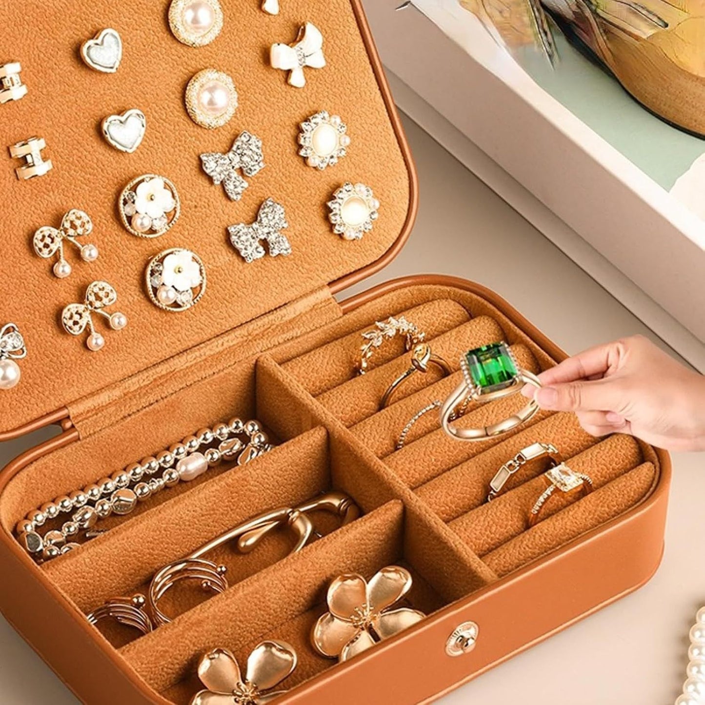 Travel Jewelry Box with 3 Layers for Earrings Studs Rings Necklaces, Portable Compact Jewelry Organizer Storage Case (Brown)
