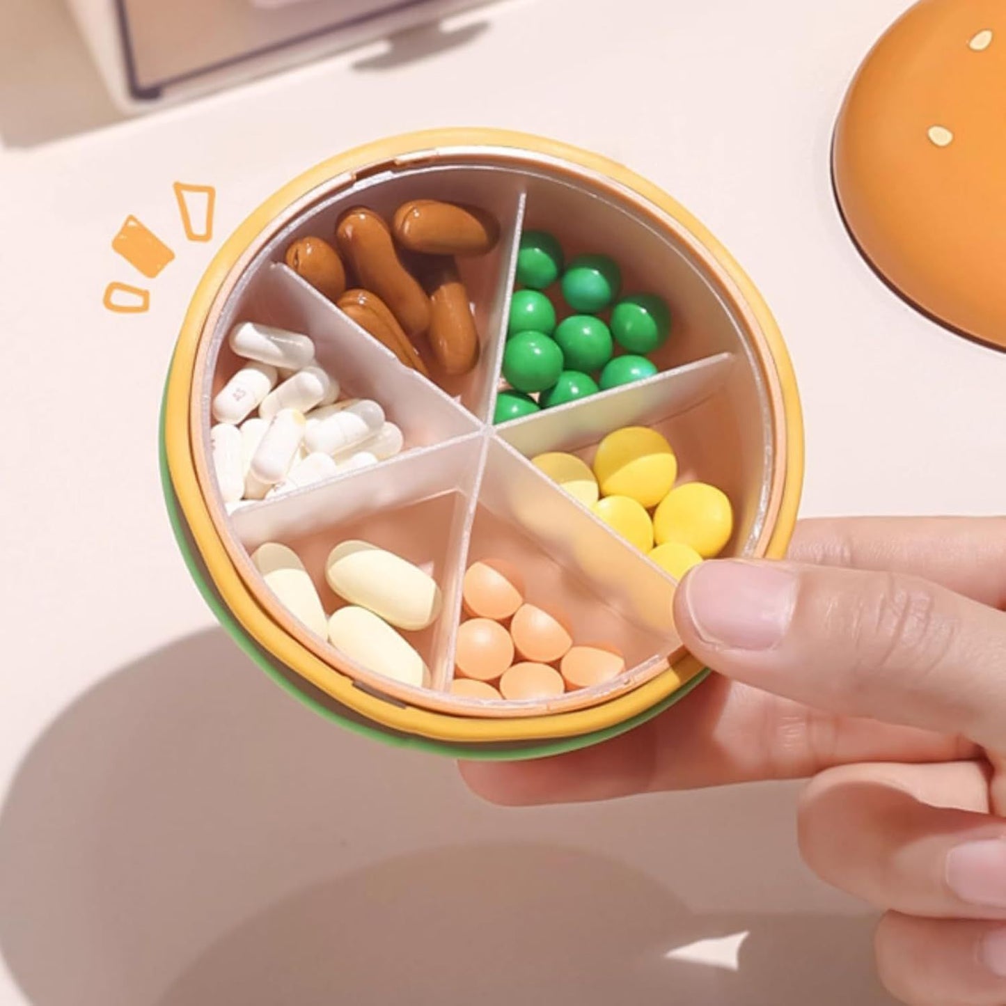 Hamburger Shaped Pill Case, Portable 6 Compartment Mini Pill Organizer with Sealable Lids for Medicine Vitamin Storage (Hamburger Pill Box [6-Grid])