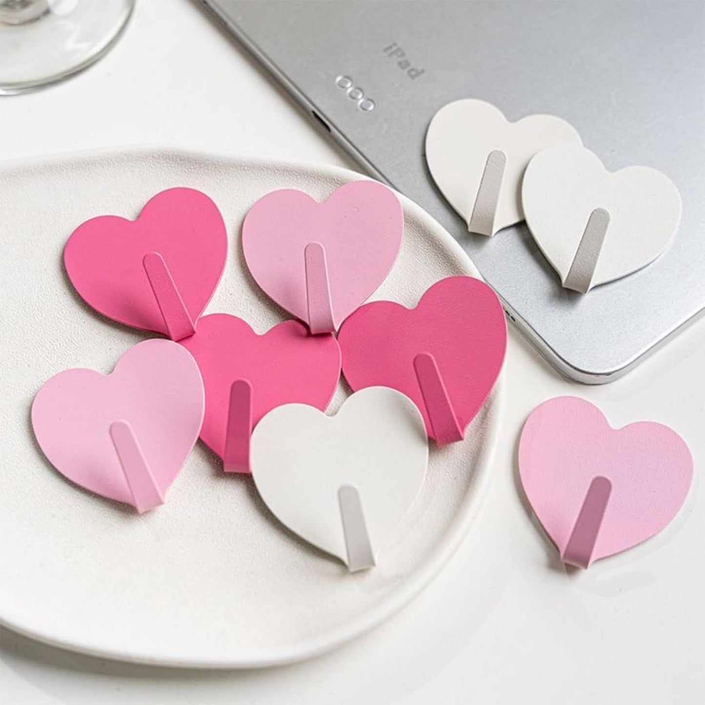9 Pcs Heart Shaped Adhesive Wall Hooks, Cute Decorative Pink and White Self-Adhesive Hooks for Home Office Organization (White Pink)