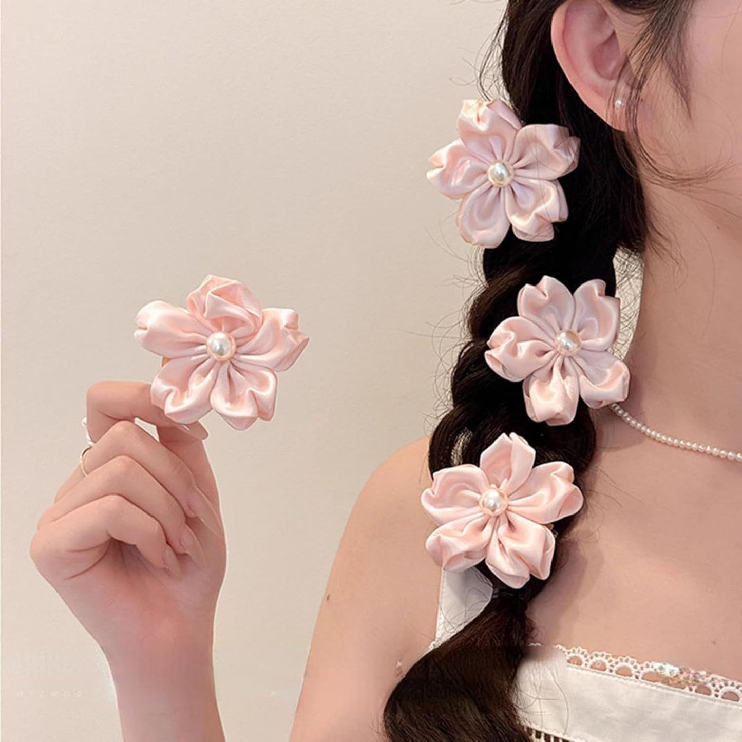 2 Pack Pink Sakura Hair Clips With Pearls for Girls Front Side Bangs, Fringe Duckbill Hair Clips Headwear Accessories (Sakura)