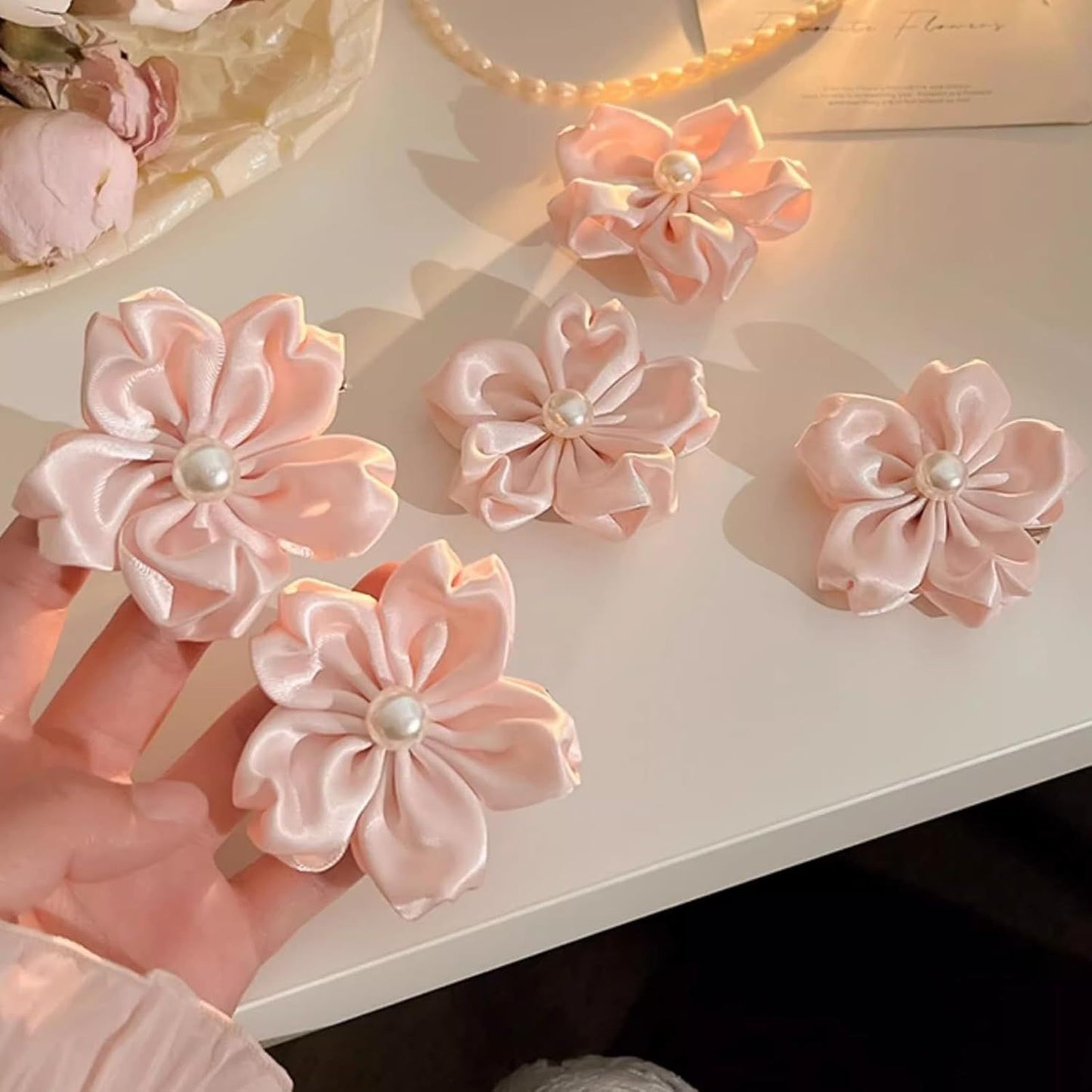 2 Pack Pink Sakura Hair Clips With Pearls for Girls Front Side Bangs, Fringe Duckbill Hair Clips Headwear Accessories (Sakura)