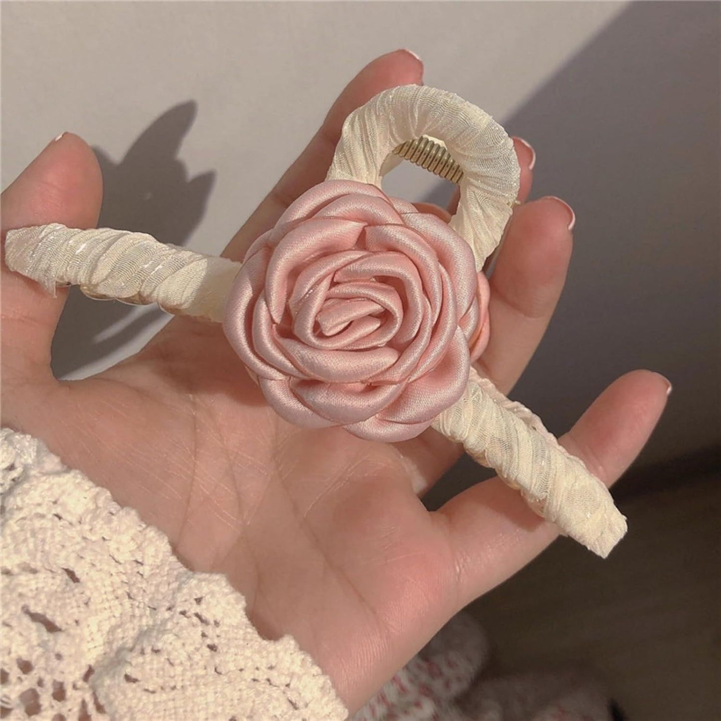 Elegant White Hair Claw Clip with Pink Glossy Camellia for Girls Women, Rose Floral Spring Hair Accessory (Pink)