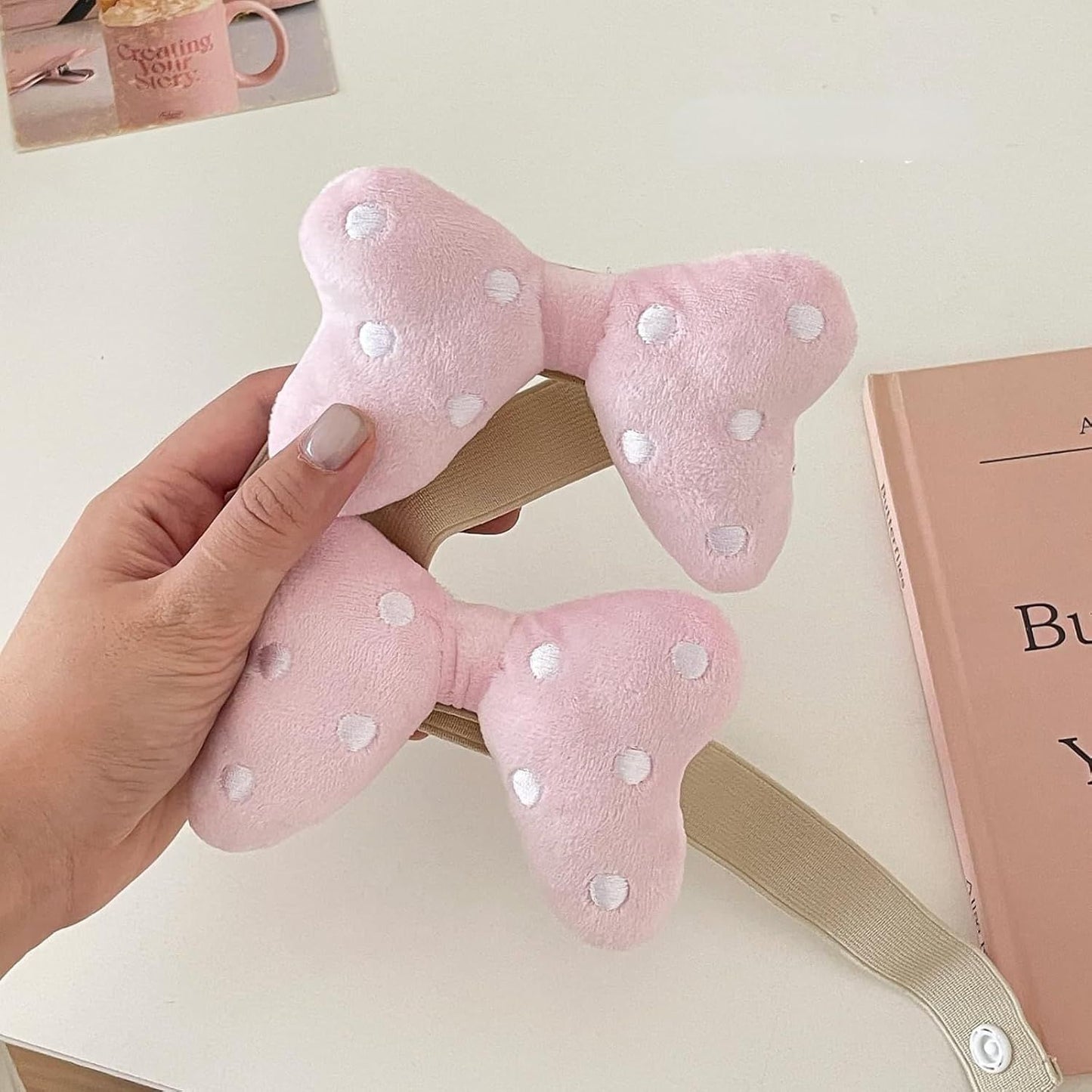 2 Pack Curtain Tiebacks with Pink Plush Bow and White Polka Dot, Snap Button Closure Curtains Holdbacks for Window Decor (Pink)