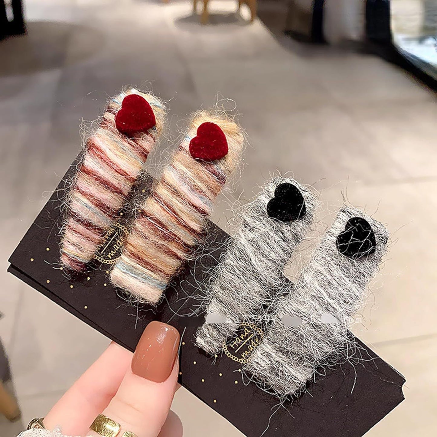 2 Pack Fuzzy Stripy Hair Clips with Velvet Heart for Women Winter, Classy Gray/Red Barrettes Korean Style Hair Pins (Grey)