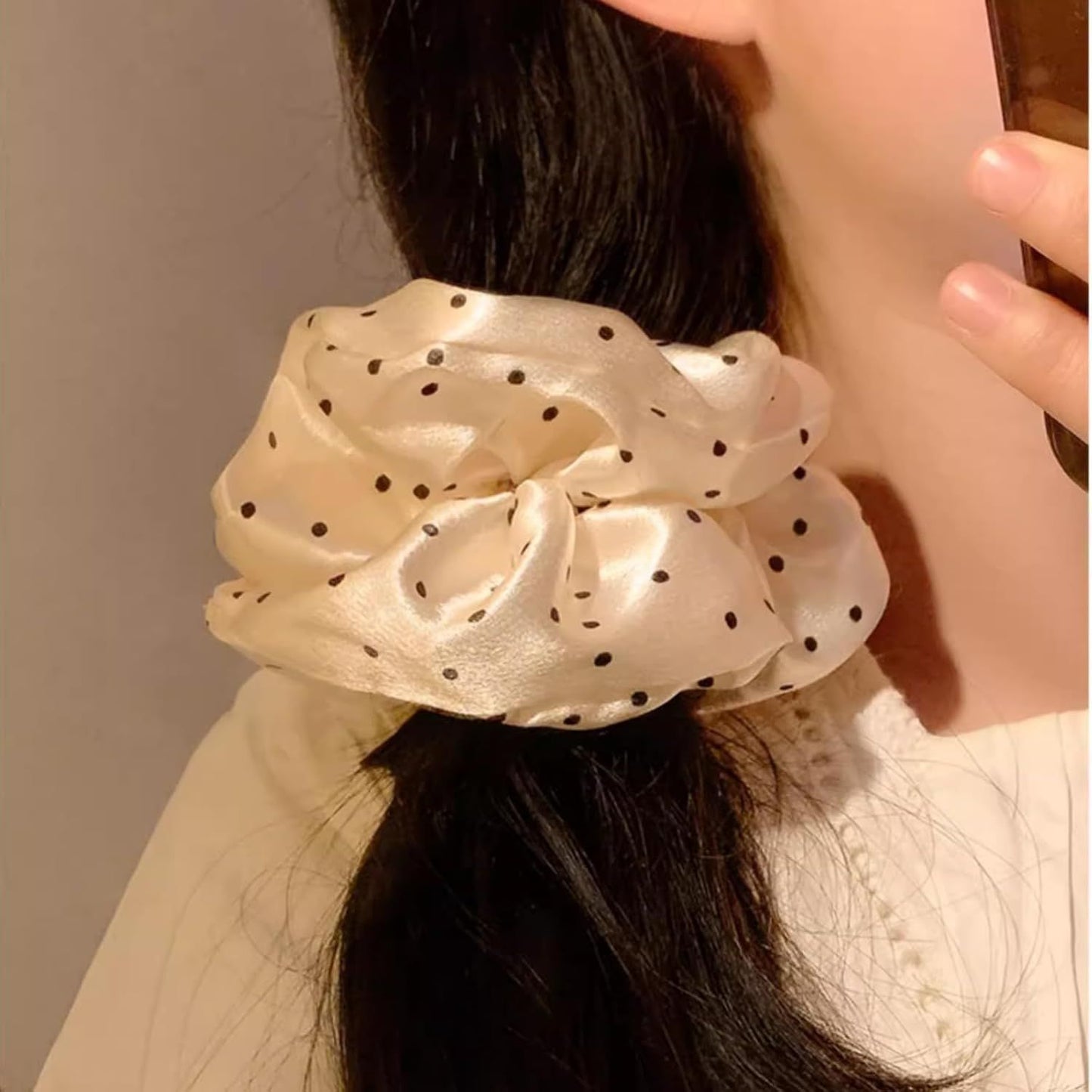 2 Packs Large Scrunchies Black White Polka Dot Satin Elastic Hair Tie, Classic Elegant Nostalgia Hair Band for Women (Beige)