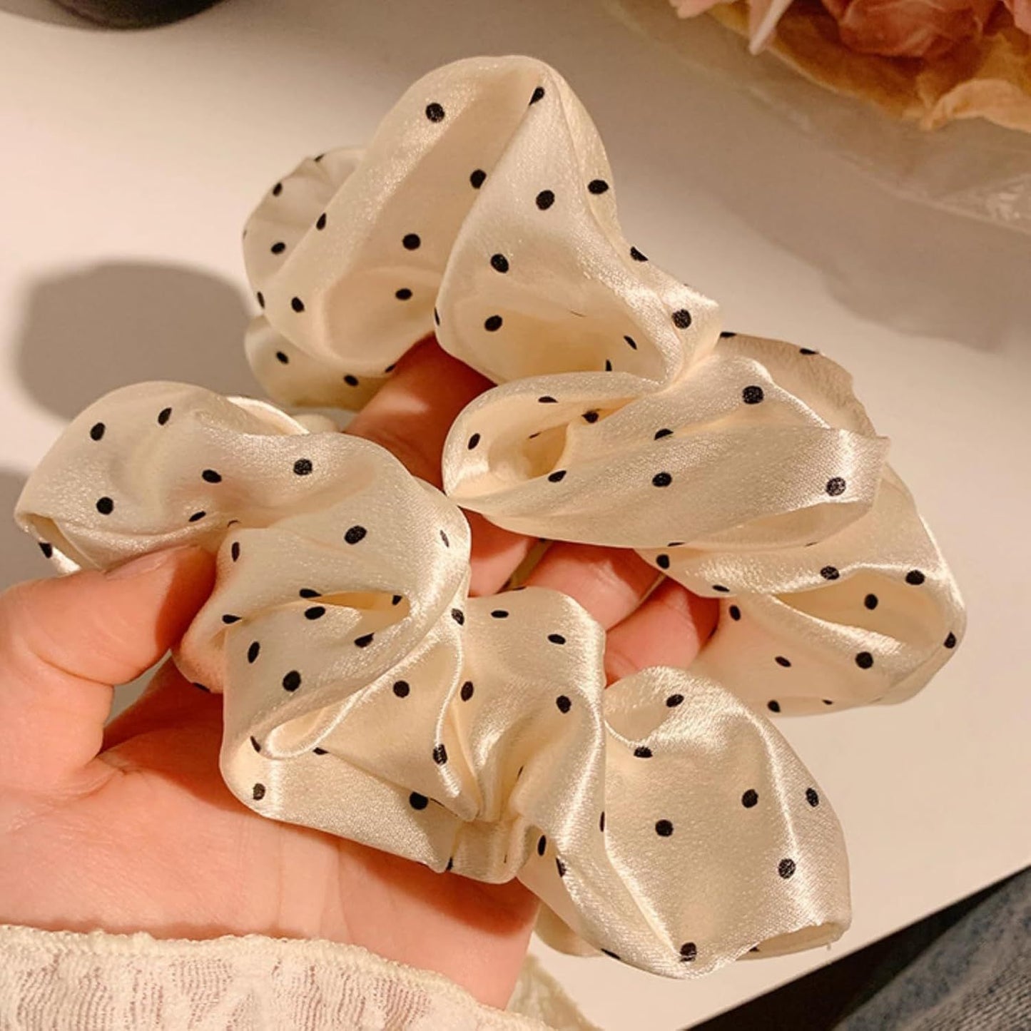 2 Packs Large Scrunchies Black White Polka Dot Satin Elastic Hair Tie, Classic Elegant Nostalgia Hair Band for Women (Beige)