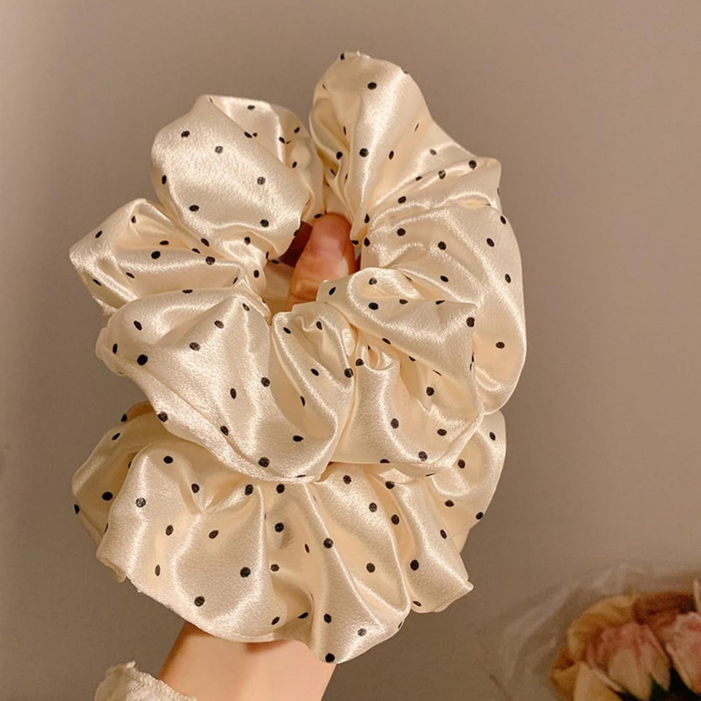 2 Packs Large Scrunchies Black White Polka Dot Satin Elastic Hair Tie, Classic Elegant Nostalgia Hair Band for Women (Beige)