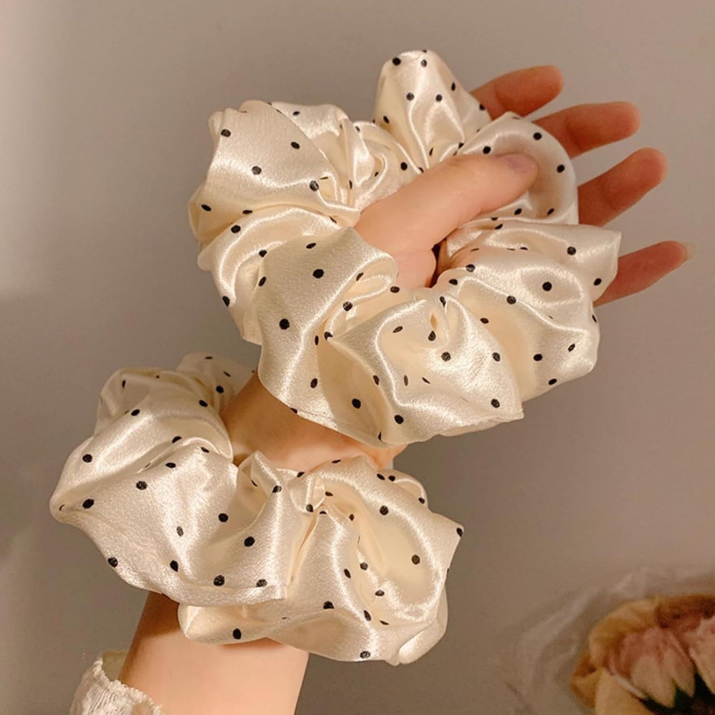 2 Packs Large Scrunchies Black White Polka Dot Satin Elastic Hair Tie, Classic Elegant Nostalgia Hair Band for Women (Beige)