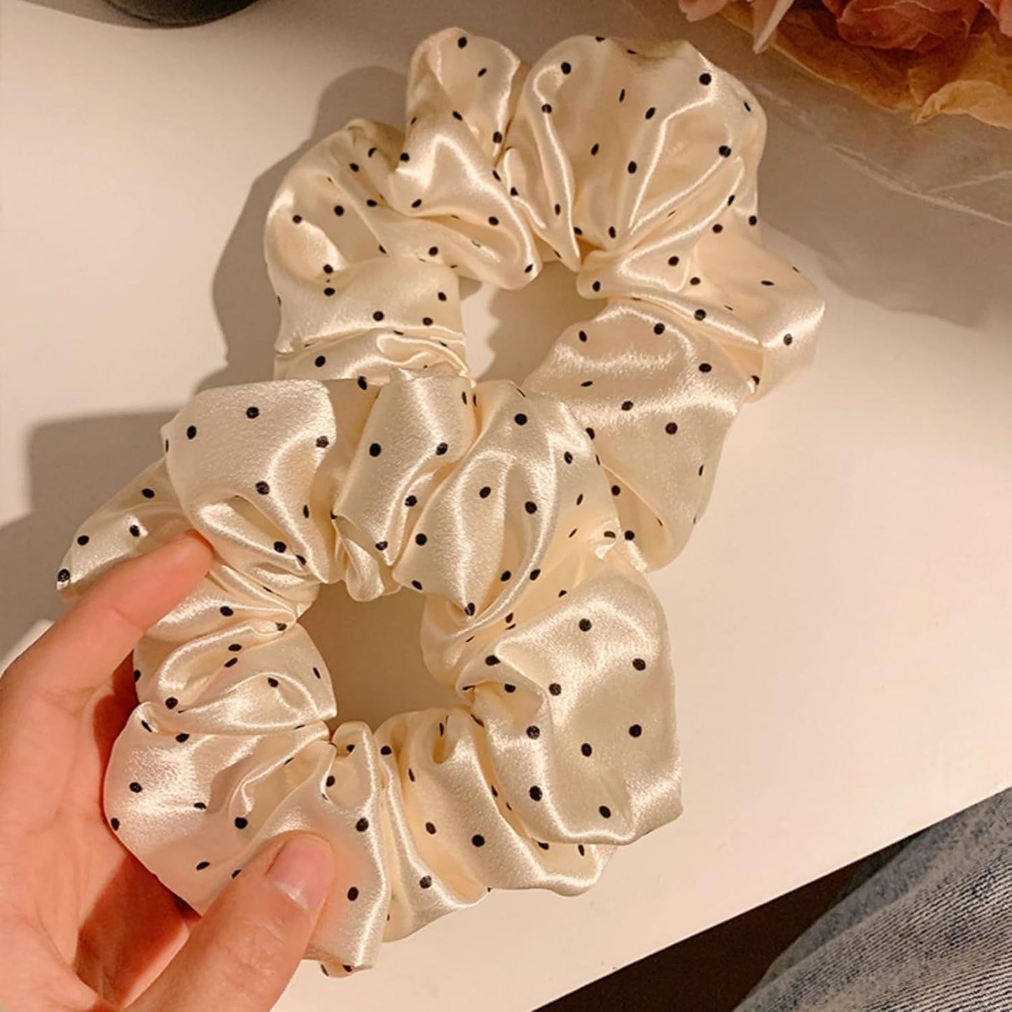 2 Packs Large Scrunchies Black White Polka Dot Satin Elastic Hair Tie, Classic Elegant Nostalgia Hair Band for Women (Beige)