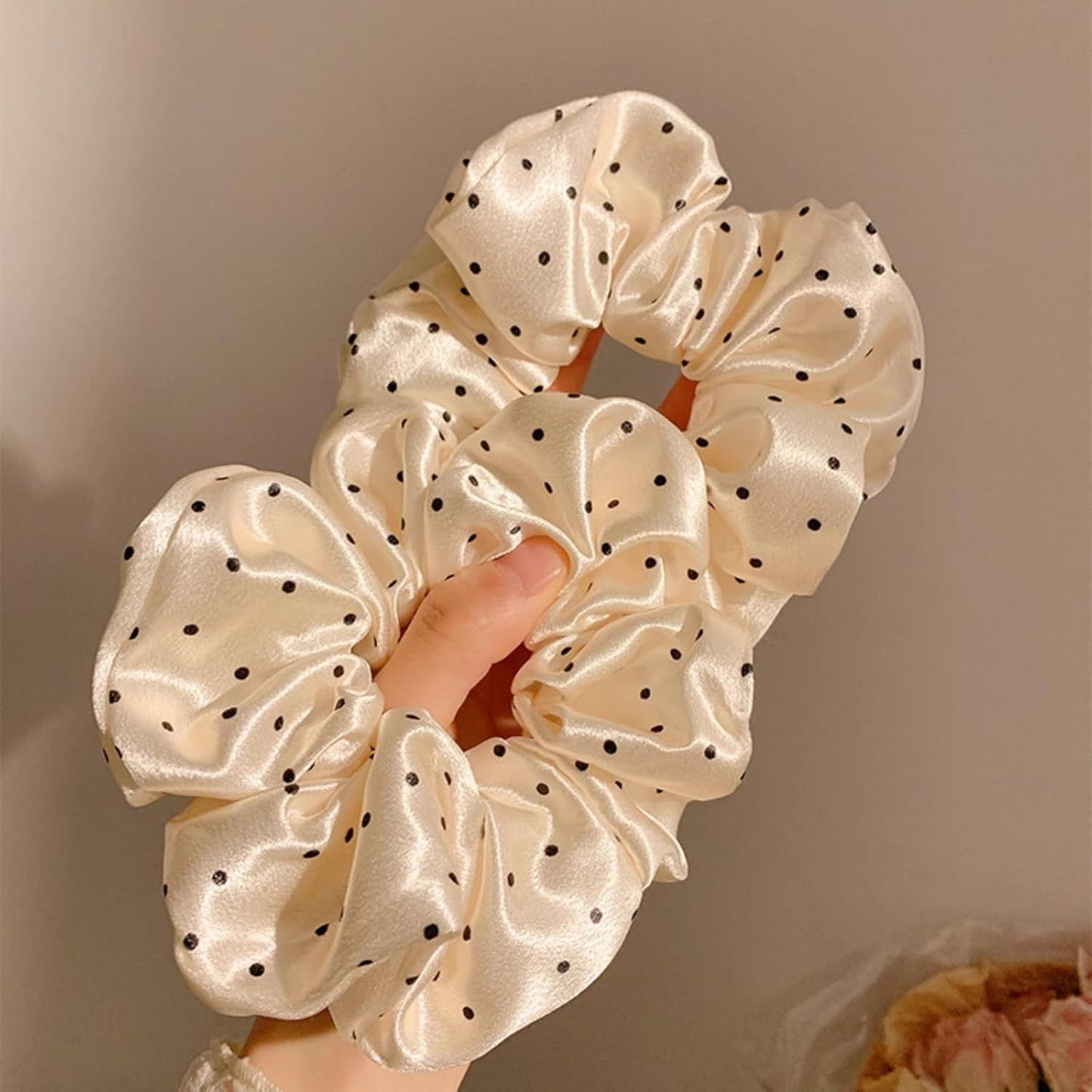 2 Packs Large Scrunchies Black White Polka Dot Satin Elastic Hair Tie, Classic Elegant Nostalgia Hair Band for Women (Beige)