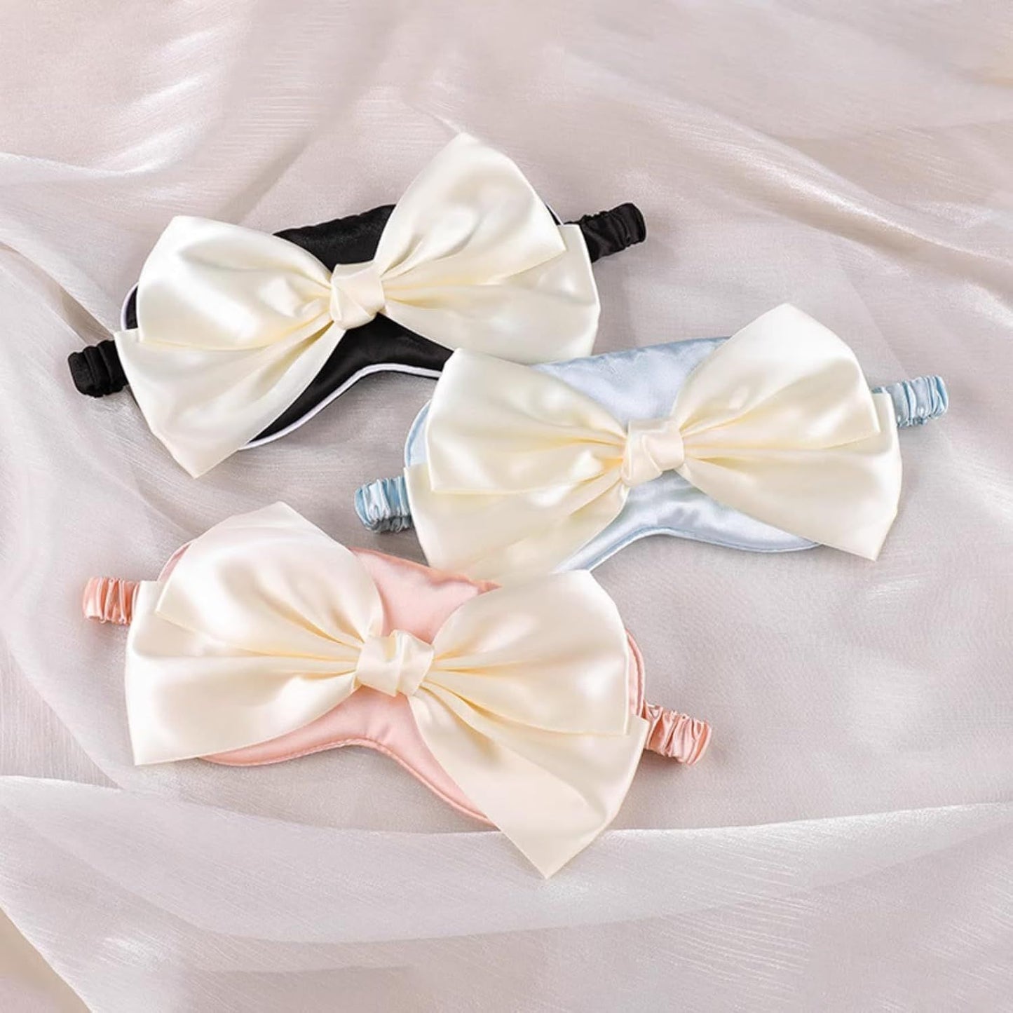 Cute Bow Satin Eye Mask for Women Girls, Breathable Cooling Nap Sleep Cover for Summer Dorm Essentials (Blue)