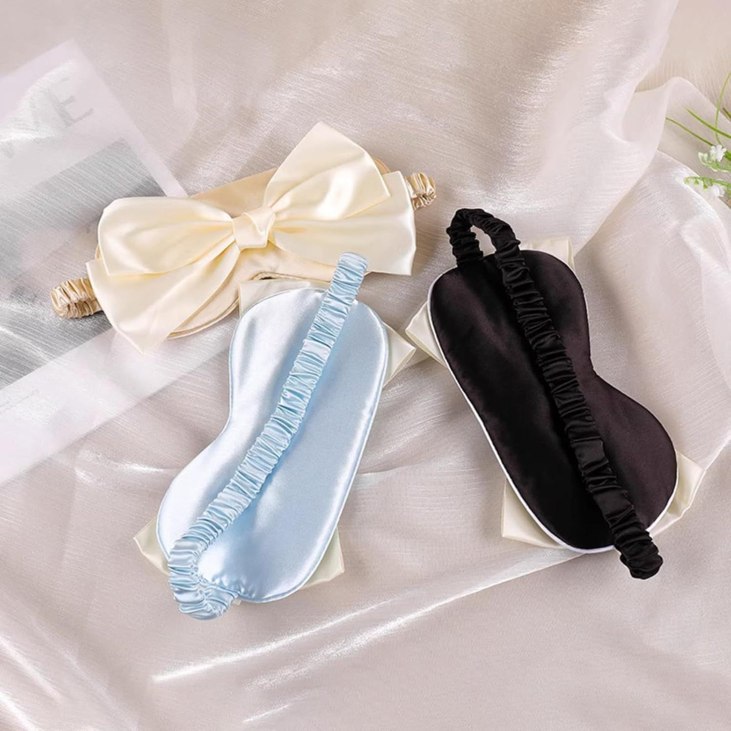 Cute Bow Satin Eye Mask for Women Girls, Breathable Cooling Nap Sleep Cover for Summer Dorm Essentials (Blue)