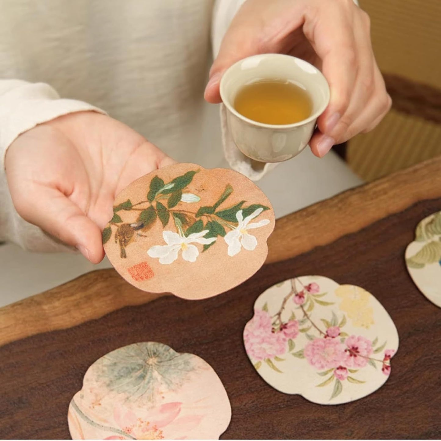 Floral Tea Cup Coasters Set of 5, Double-Sided Absorbent Pads for Heat Insulation, Teaware Accessories (Floral,3.7 inches)