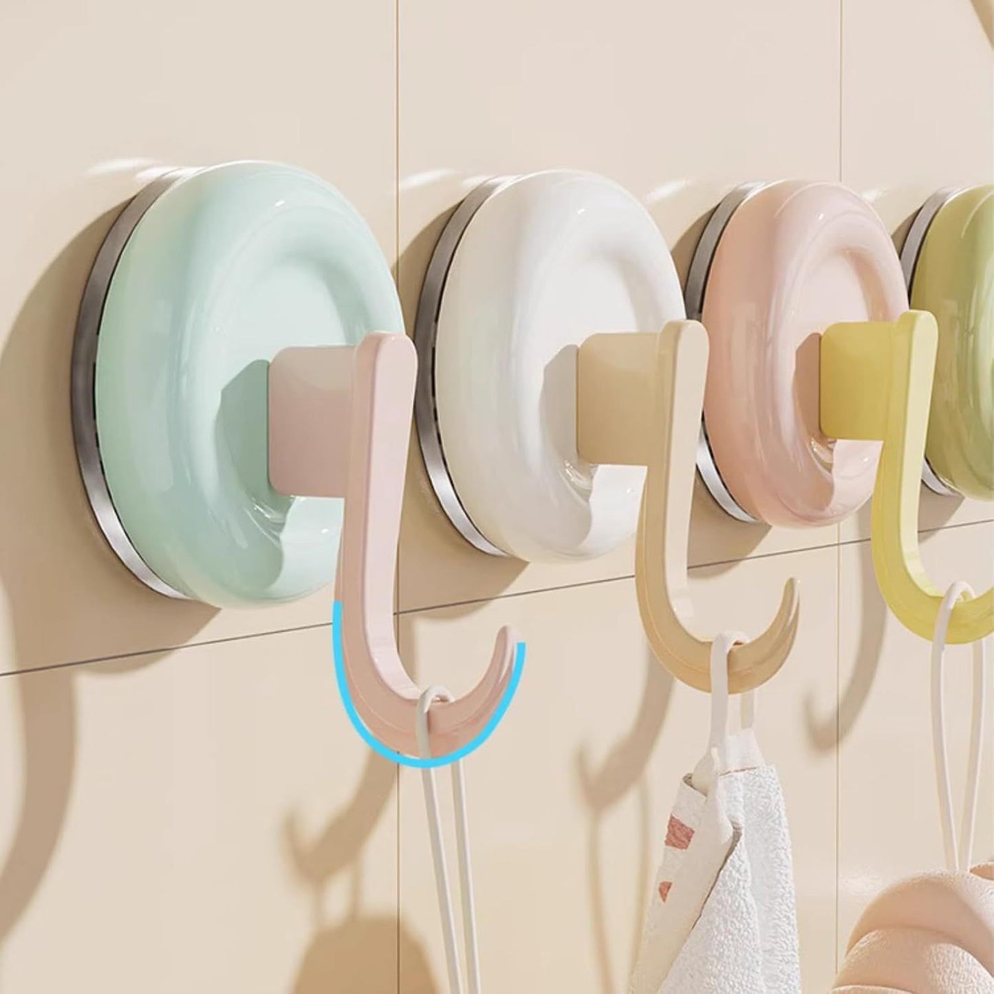 4 Pack No-Drill Reusable Vacuum Suction Hooks, Pastel Colors Heavy-Duty Door Towel Hook Bathroom Wall Organizer (Blue Pink Green White)
