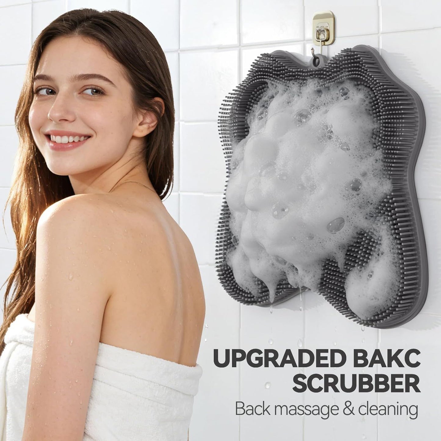 Silicone Shower Foot Scrubber Mat,Back Washer Bath Wash Pad Exfoliating & Massage, Wall Mounted Slip Strong Suction Cups for Use in Cleaner Men and Women (Grey)