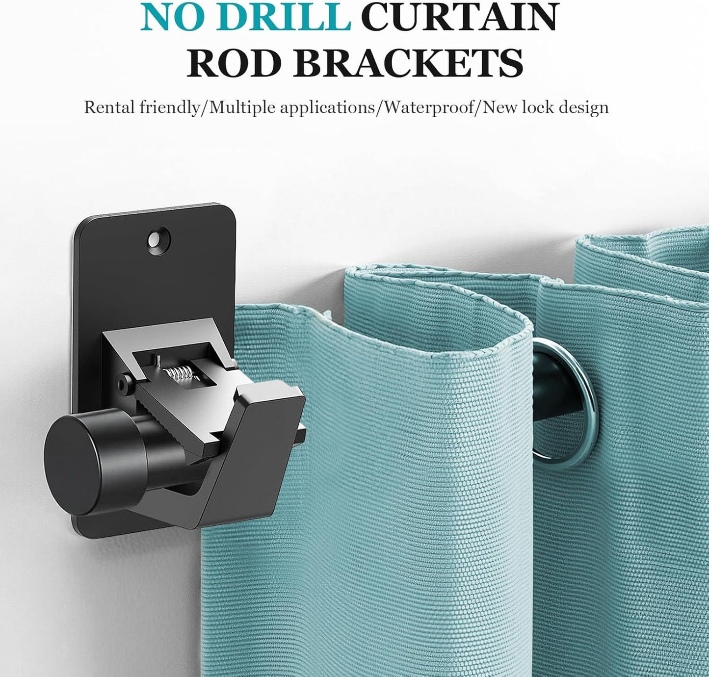 Adhesive No Drill Curtain Rod Brackets - Heavy Duty 30LB Holders for Bathroom Bedroom Kitchen, Universal Damage-Free Window Rod Hooks with Nail-Free Installation (4PC Black)
