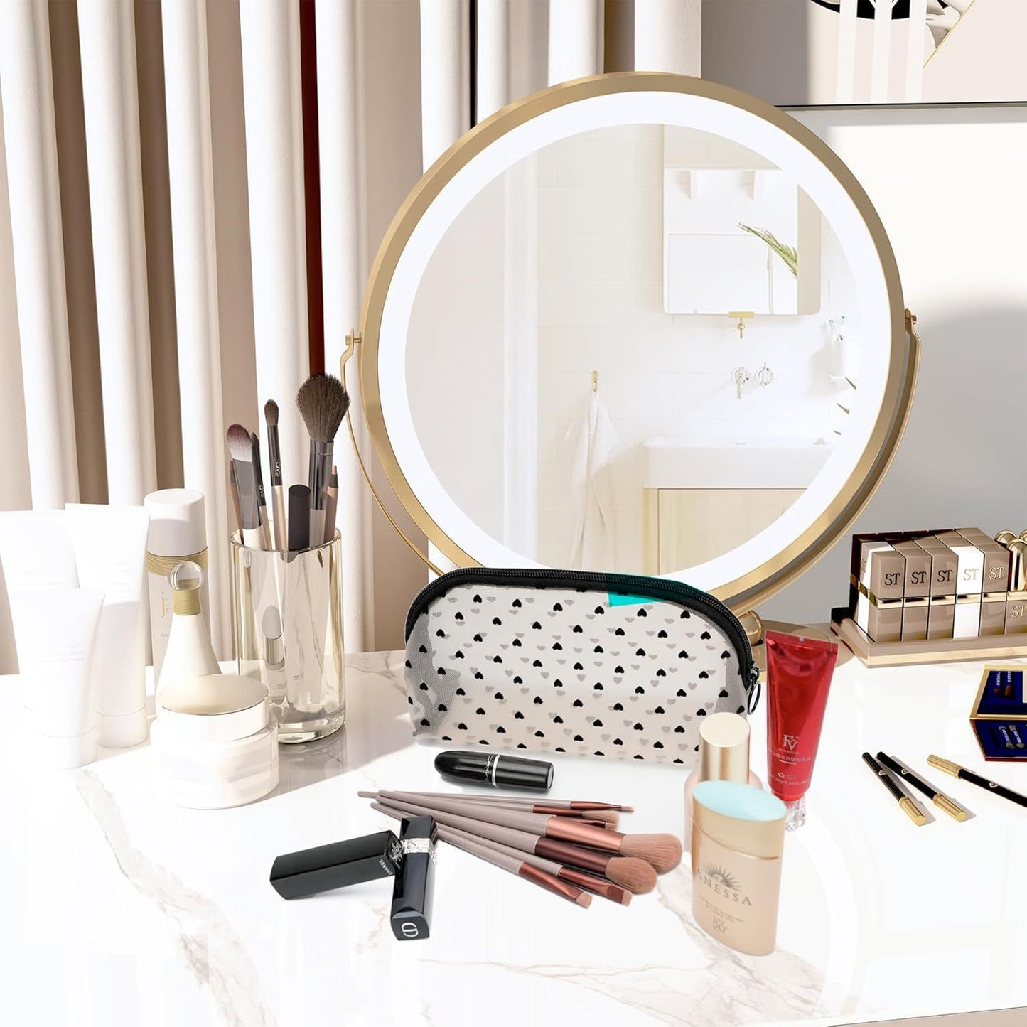 Portable Mesh Makeup Bag with Zipper Small Travel Toiletry Bag Lightweight Cosmetic Pouch (Beige&Black Heart Half Round)