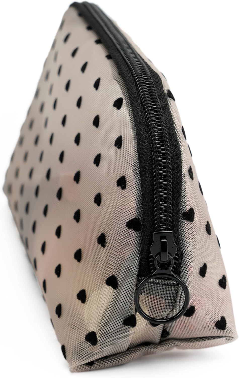 Portable Mesh Makeup Bag with Zipper Small Travel Toiletry Bag Lightweight Cosmetic Pouch (Beige&Black Heart Half Round)