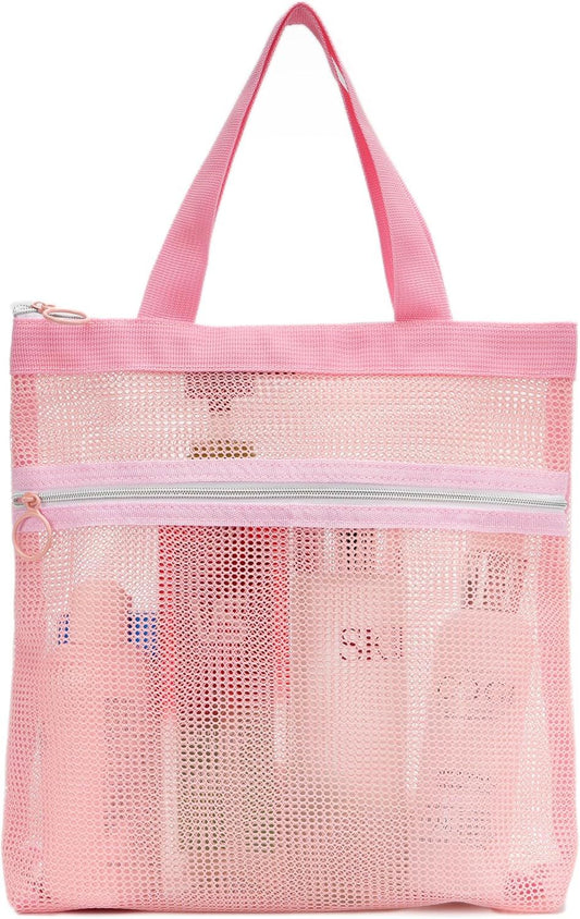 Mesh Shower Caddy Bag Portable Small Hanging Toiletry Tote Bag for Gym Travel Beach Bathroom Sunscreen (Pink)