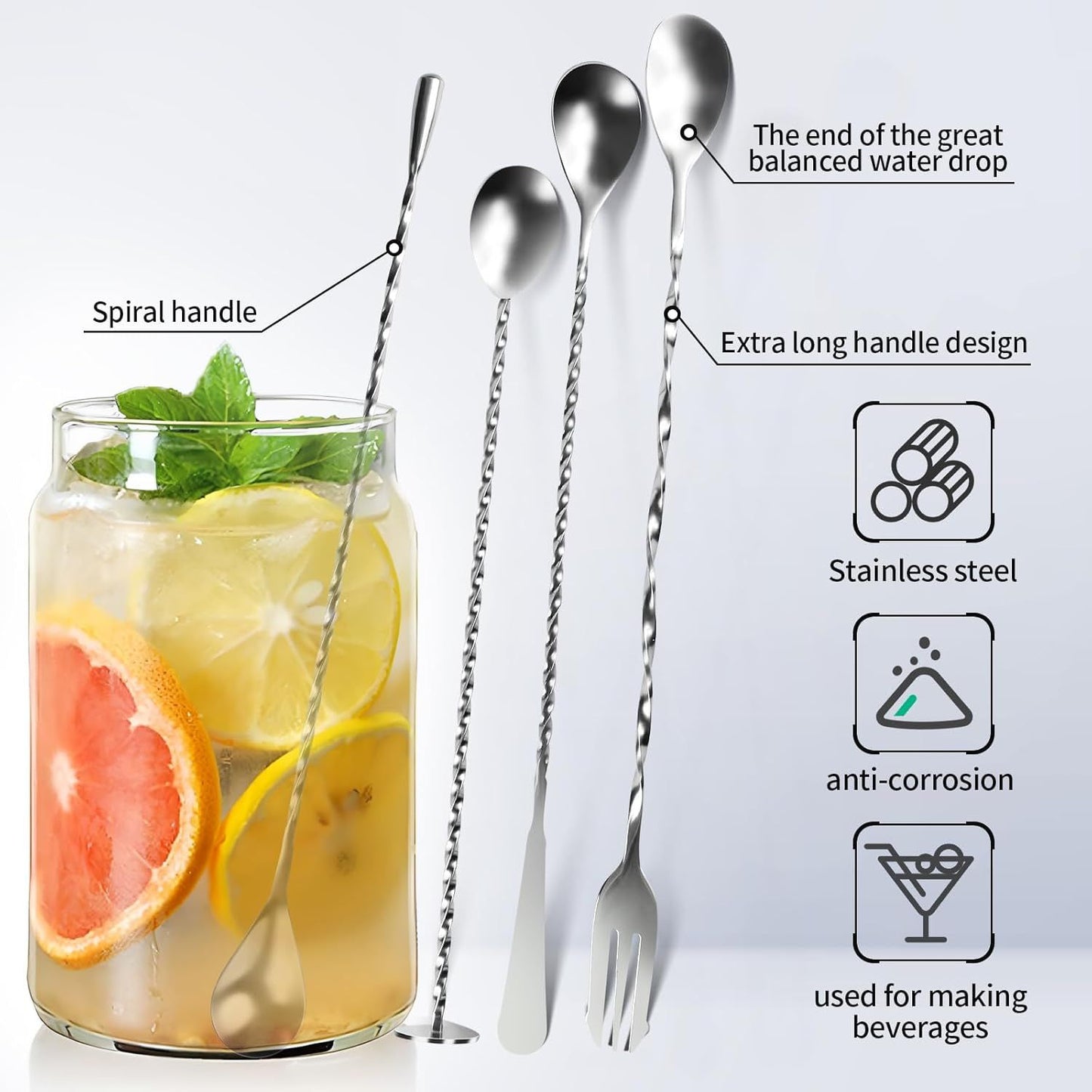 4 PCS Bar Spoon, 304 Stainless Steel Bar Mixing Spoon Stirrers Long Handle Spiral Pattern Mixed Drinks Tools for Drink