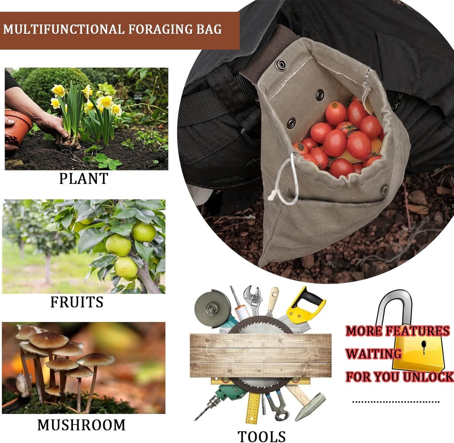 Foraging Pouch Leather Canvas Collapsible Bag Water Resistant Outdoor Camping Storage Folding Bag Mushroom Bags Bushcraft Belt Pouches for Travel Camping Hiking