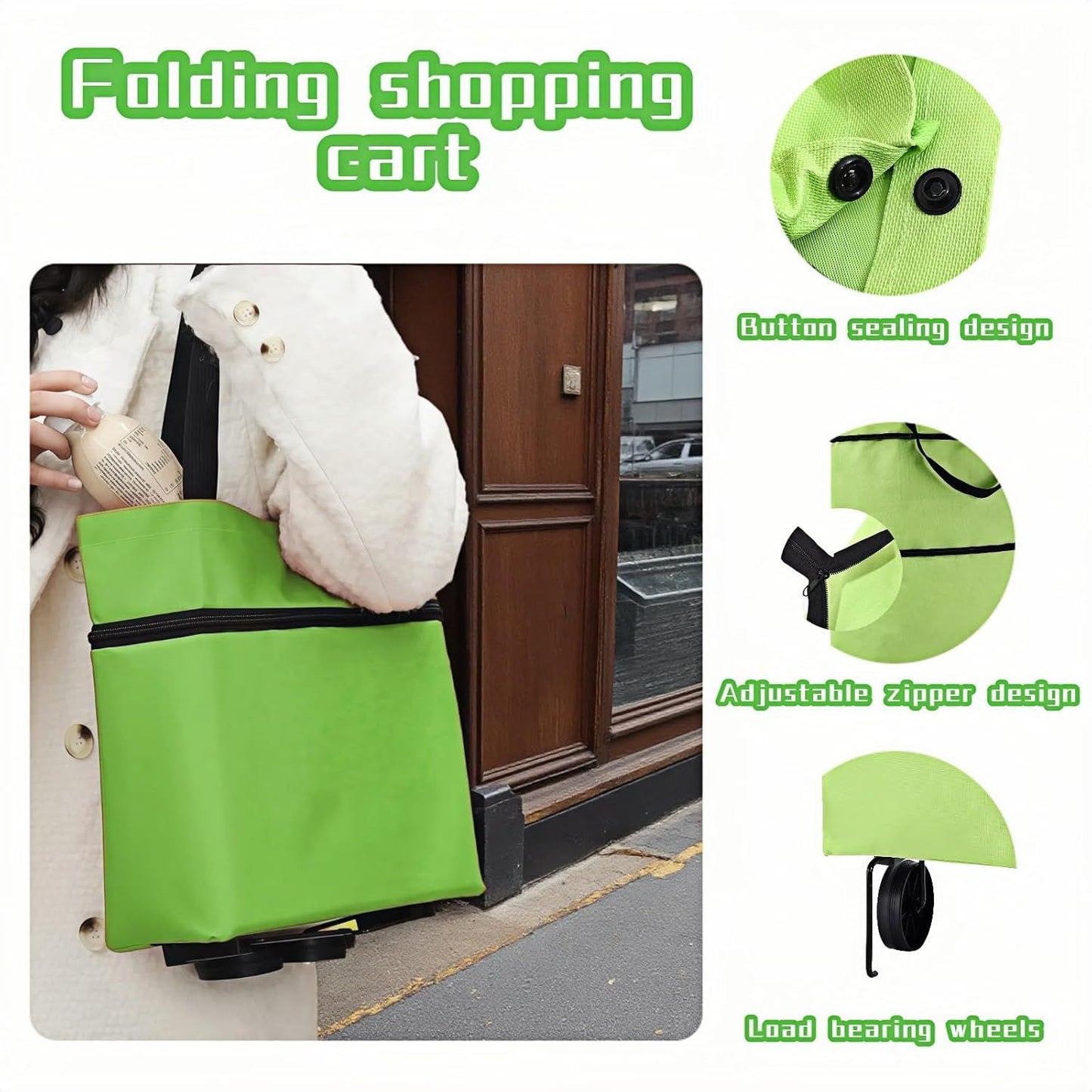 2-in-1 Foldable Shopping Cart with Wheels,Waterproof & Sturdy Grocery Bag Hand Truck, Collapsible Portable Rolling Tote for Supermarket,Laundry,Travel,33 lbs Capacity,Waterproof Oxford Fabric