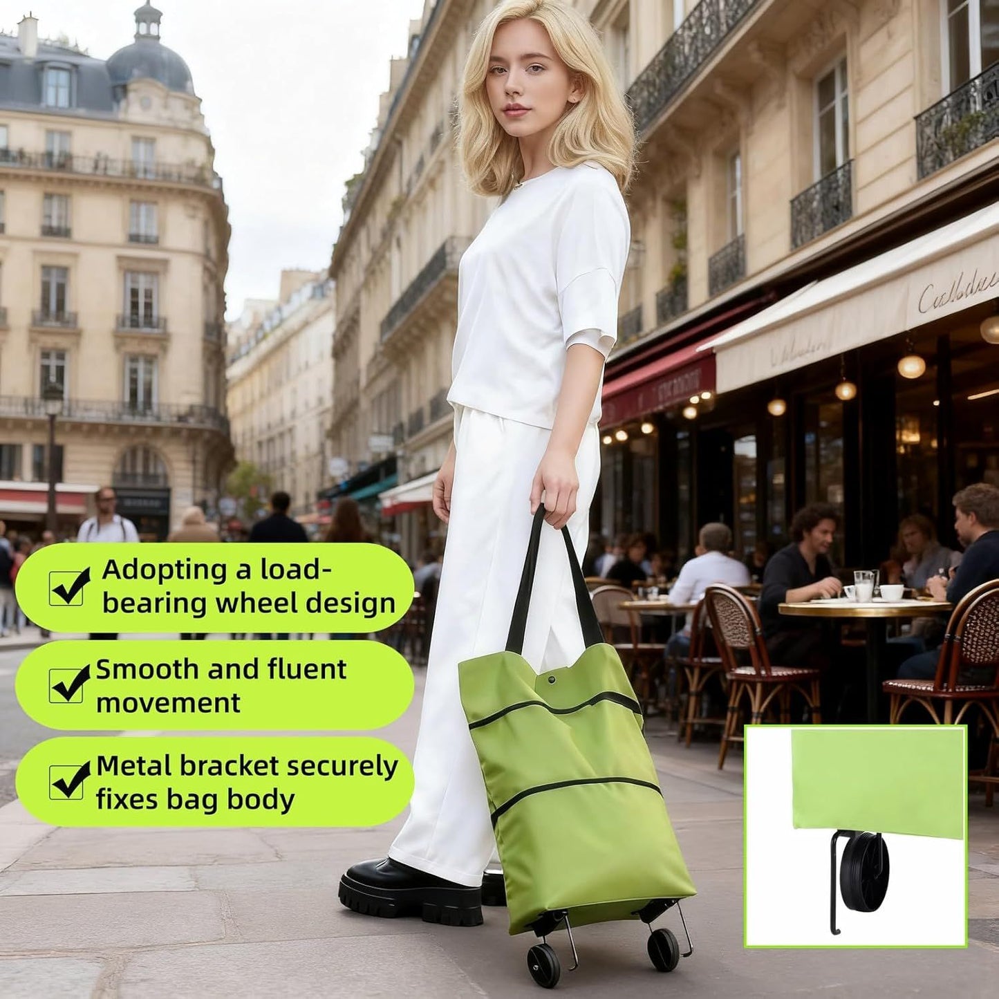 2-in-1 Foldable Shopping Cart with Wheels,Waterproof & Sturdy Grocery Bag Hand Truck, Collapsible Portable Rolling Tote for Supermarket,Laundry,Travel,33 lbs Capacity,Waterproof Oxford Fabric