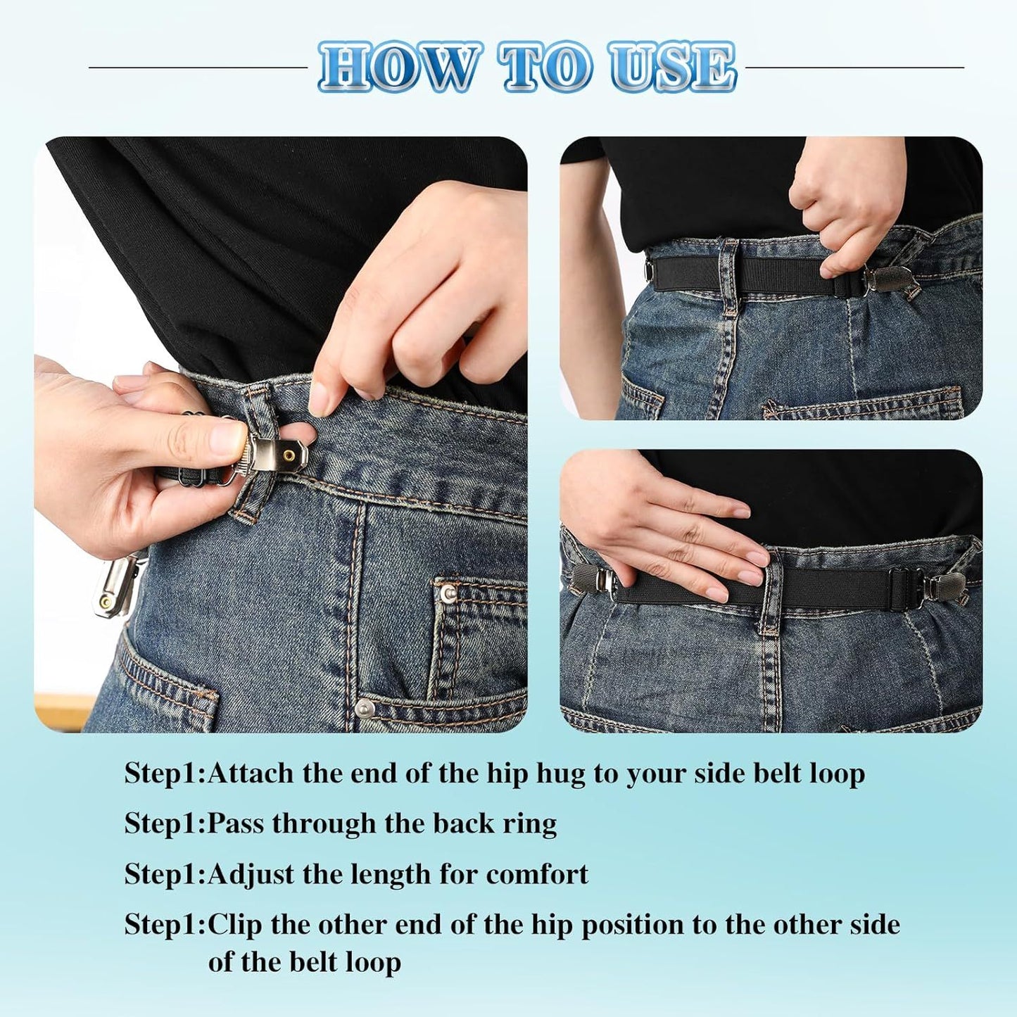 6 Pcs Adjustable Hip Elastic Belt, Elastic Band for Sewing Pant Waist Tightener Pant Elastic Belt Clip Women Men Back Cinch for Jeans Pants Dresses