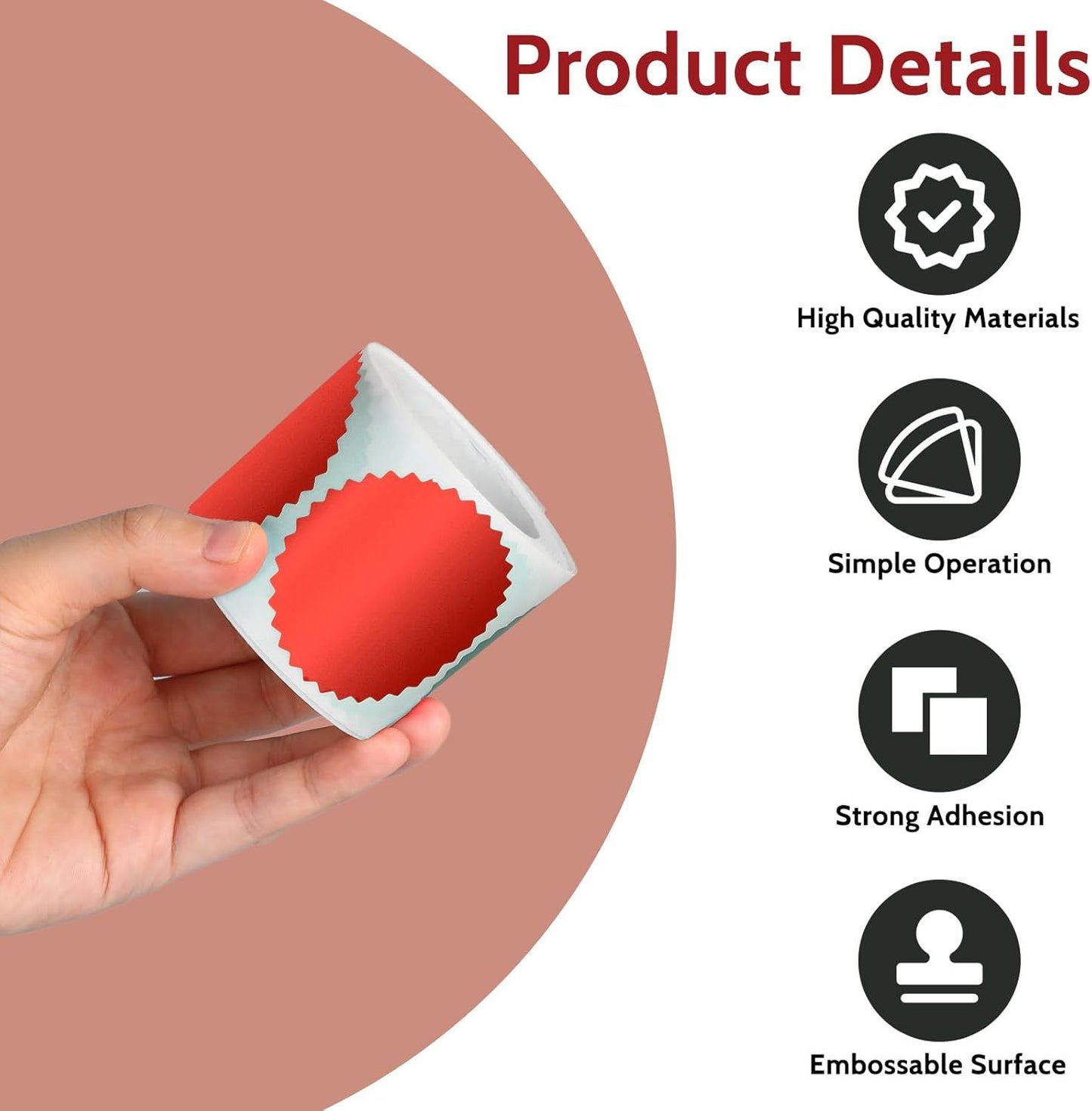 Red Embossing Stickers 2" Round Labels Foil Blank Stickers Metallic Seals for Package, Wedding Envelope, Graduation, Valentine's Day，Certificate Wafer Seals with Serrated Edge 250 pcs Per Roll
