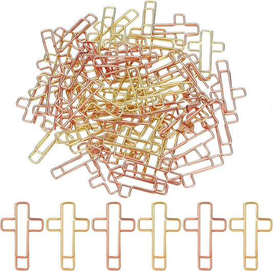 100 Pieces Cross Paper Clips with Clear Plastic Box Gold and Rose Gold Color Cute Paperclips Christian Journaling Supplies Metal Clamps Bible Study Gifts for Bookmark Office Document Note