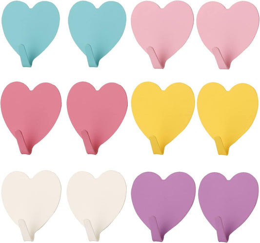 12 Pack Heart Shaped Decorative Wall Hooks, Stainless Steel Strong Adhesive Wall Hook for Home Kitchen Bathroom (Multicolor)