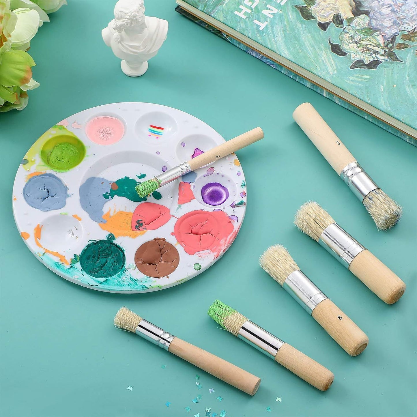 6 Pieces Wooden Stencil Brushes Pure Natural Bristle Template Paint Brushes for Acrylic Oil Watercolor Art Painting Stencil Project DIY Crafts, 6 Sizes